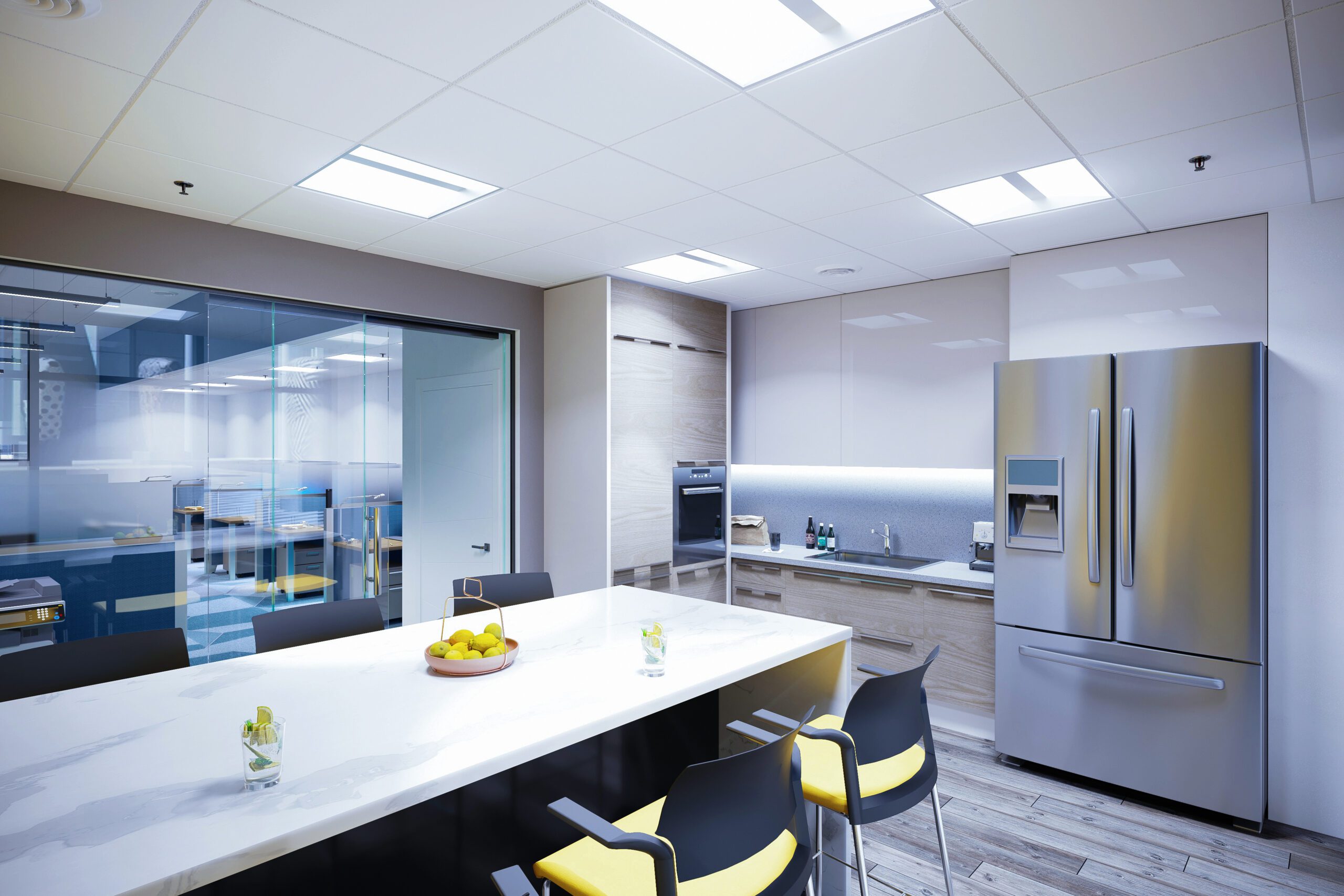 Contemporary Geico office kitchen and employee break room in Saugus, MA featuring modern cabinetry, collaborative seating, and integrated workplace amenities.<br />
