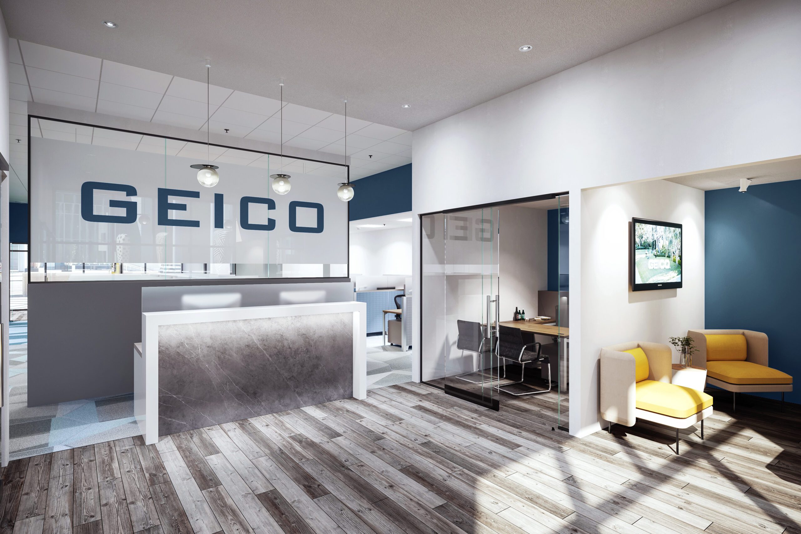 Modern Geico office reception and waiting area in Saugus, MA featuring branded interiors, glass meeting rooms, contemporary workplace design, and collaborative office spaces.<br />
