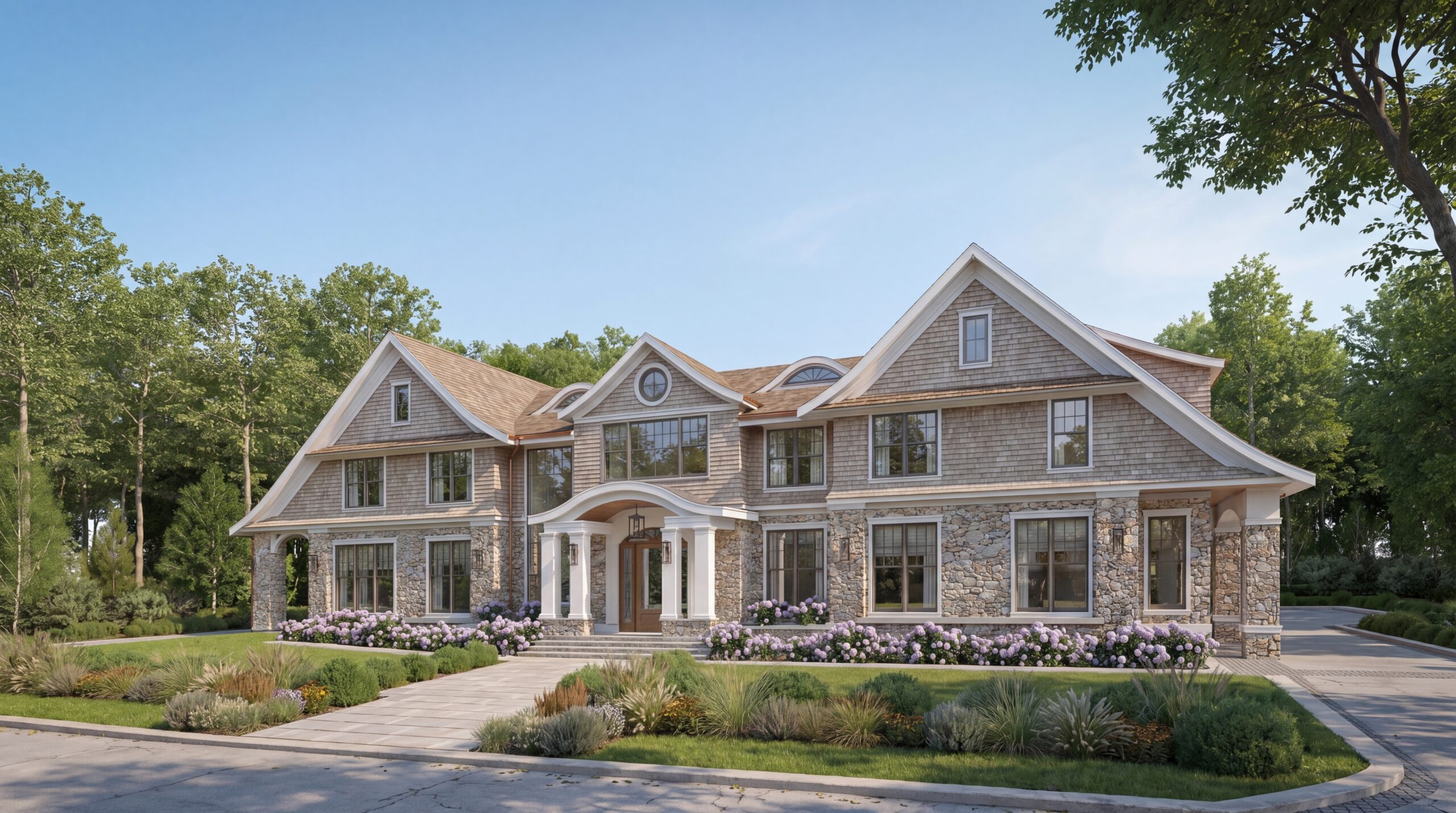 Luxury shingle-style home with stone façade, gabled rooflines, and landscaped front yard, featuring a grand covered entry and large windows in a suburban setting