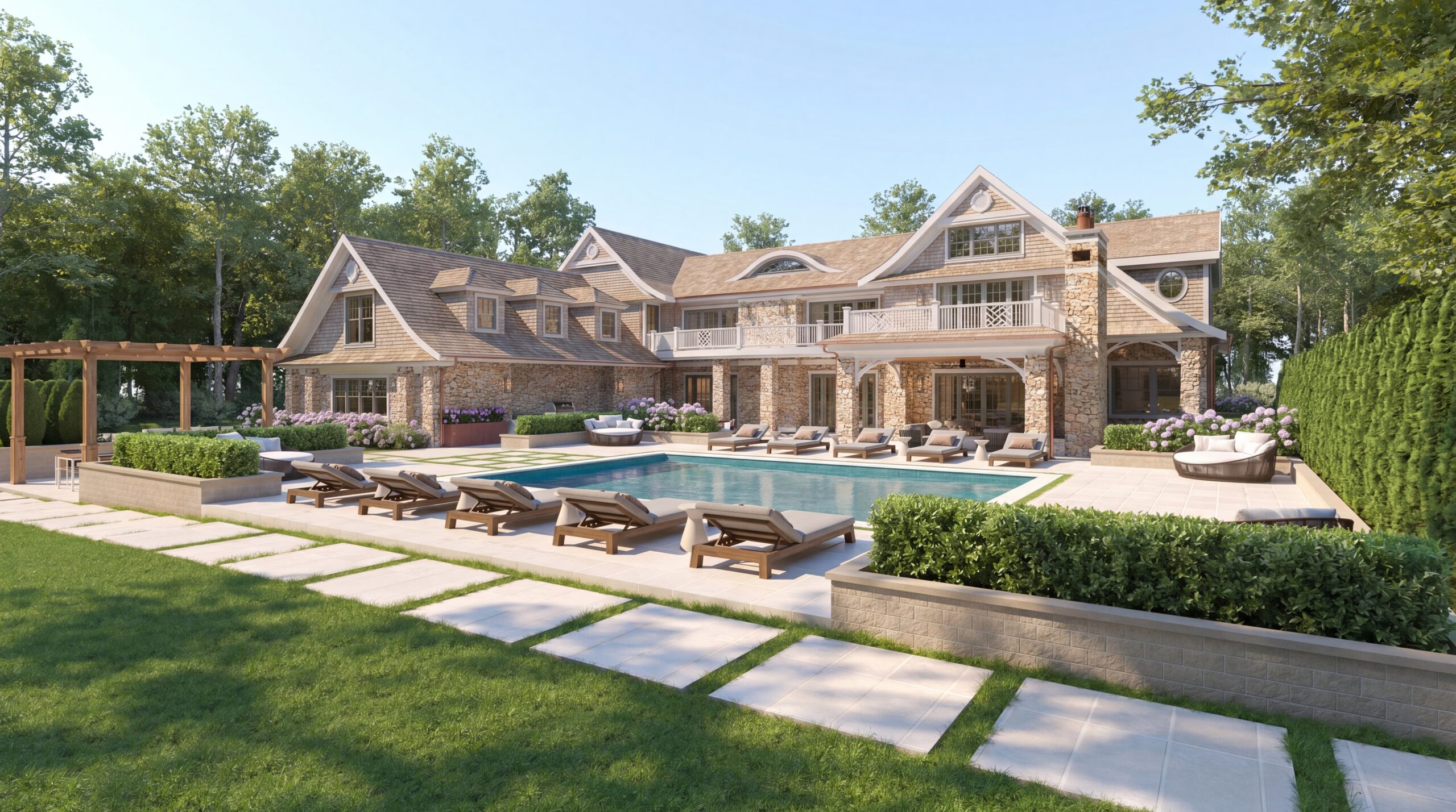 Luxury estate backyard with resort-style pool, stone façade, outdoor lounge seating, and landscaped grounds designed for entertaining