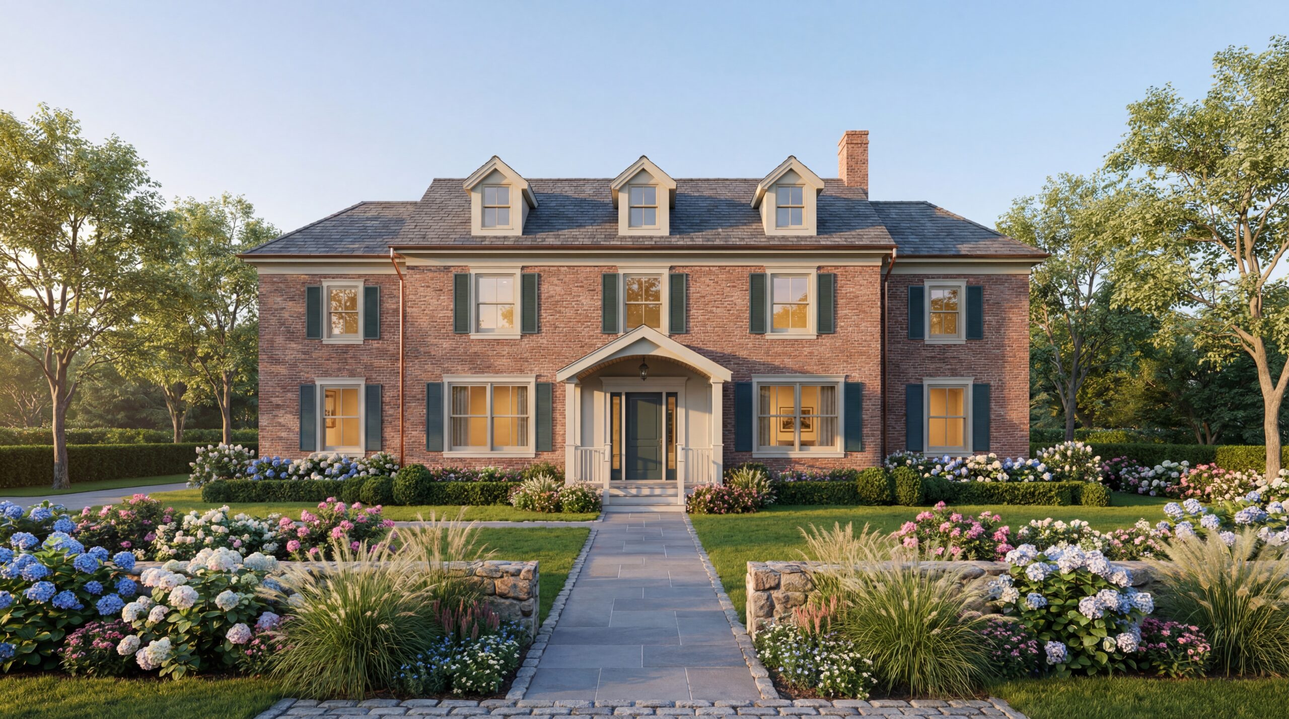 365 Worcester St - Front Elevation Classic brick home with dormer windows, green shutters, central entry, and formal landscaped garden