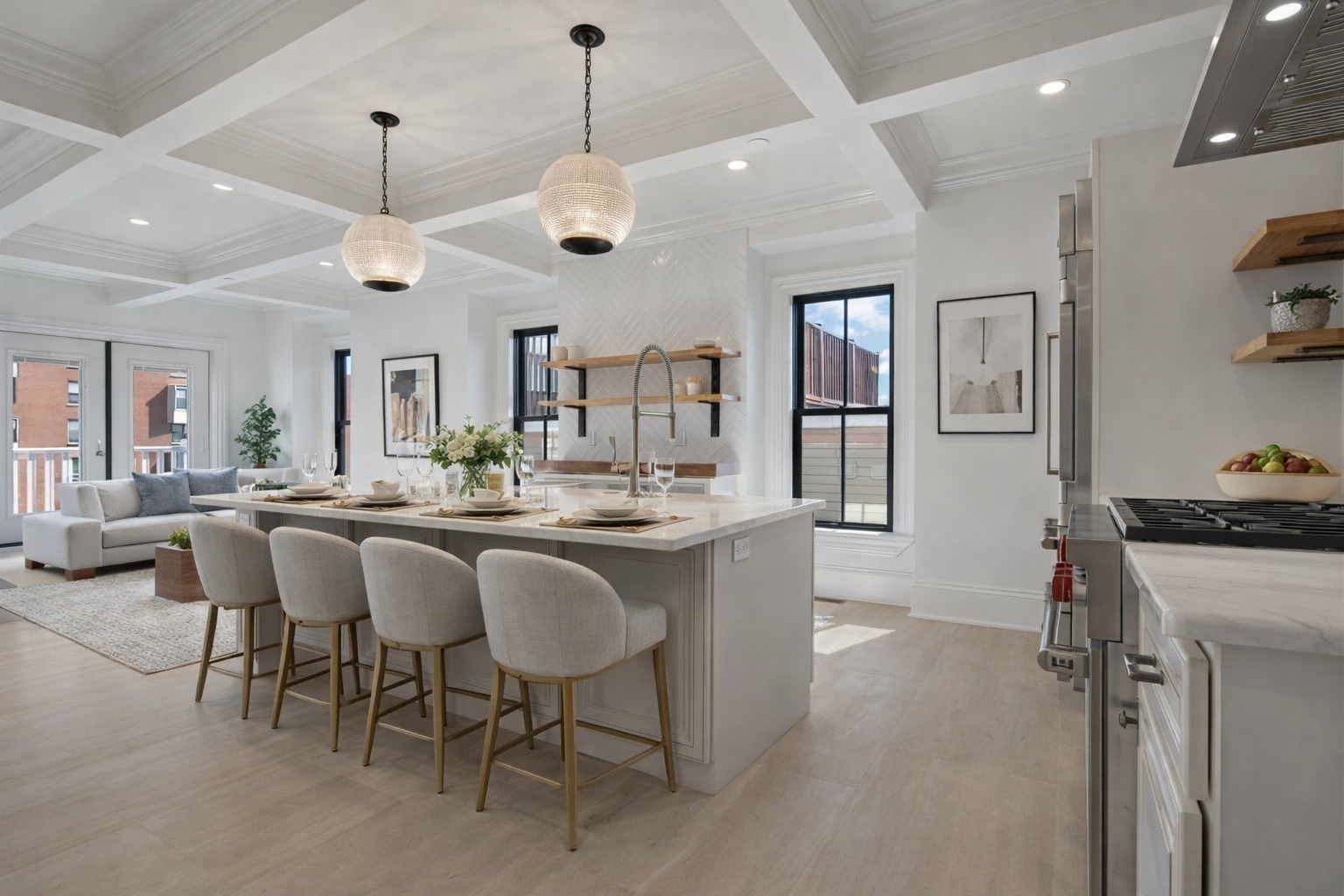 Bright open kitchen with large island, bar seating, pendant lighting, and living area beyond.