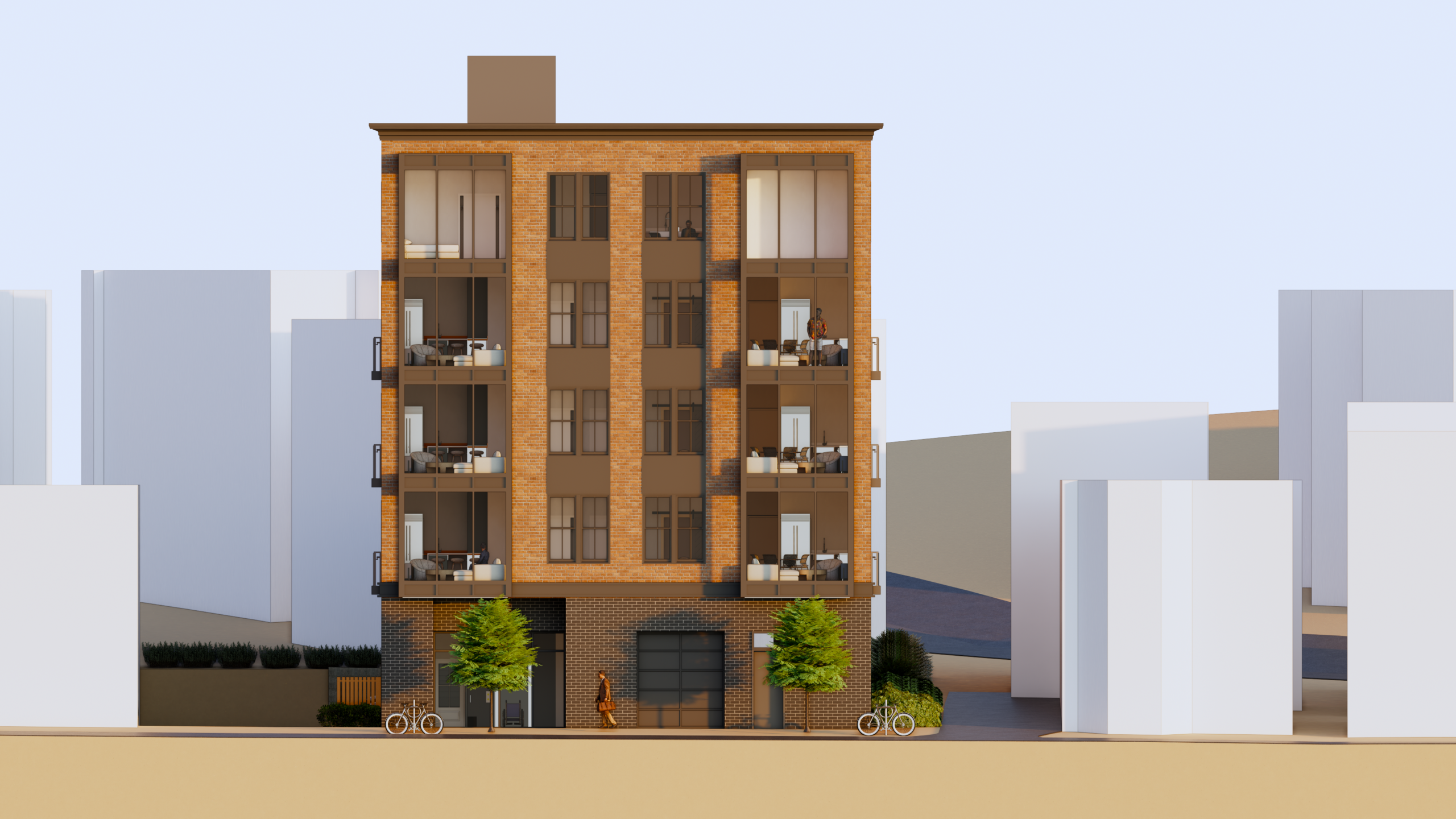 Front elevation rendering of a contemporary multifamily development with brick façade, recessed balconies, expansive glazing, and modern urban infill design in Boston<br />
