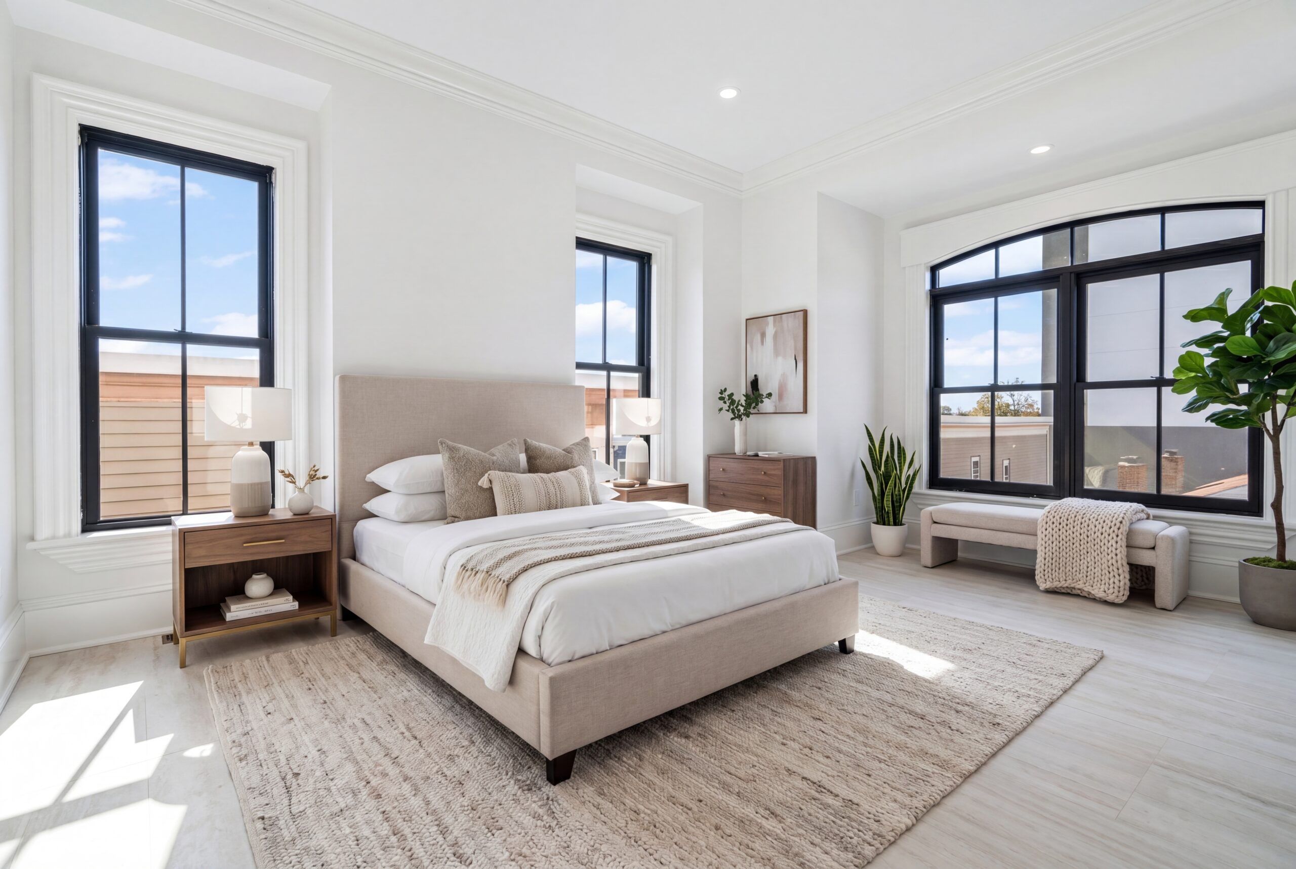 Sunlit bedroom with upholstered bed, neutral tones, large black-framed windows, and bench seating