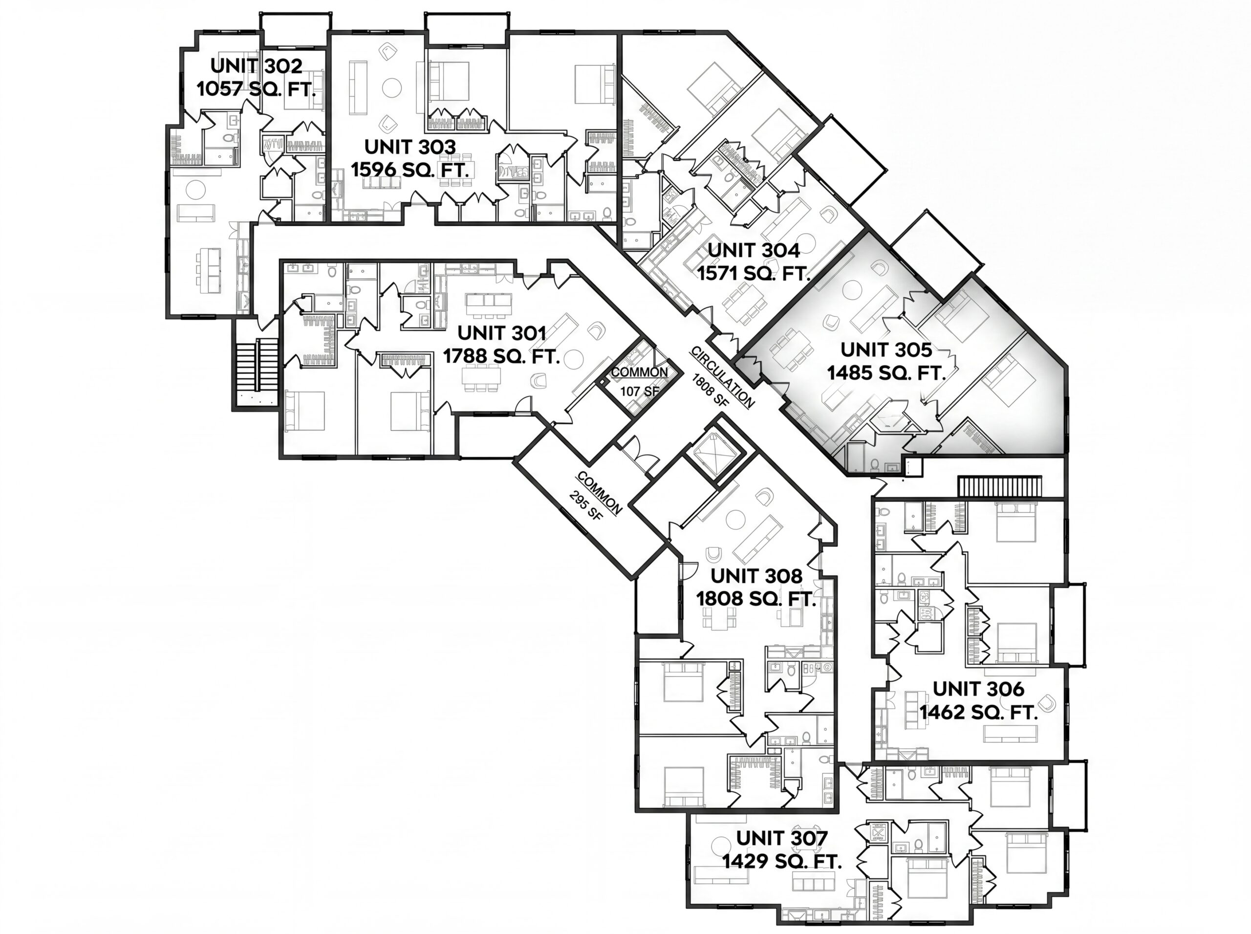 Architectural floor plan showing multi-unit residential layout with labeled units and shared circulation