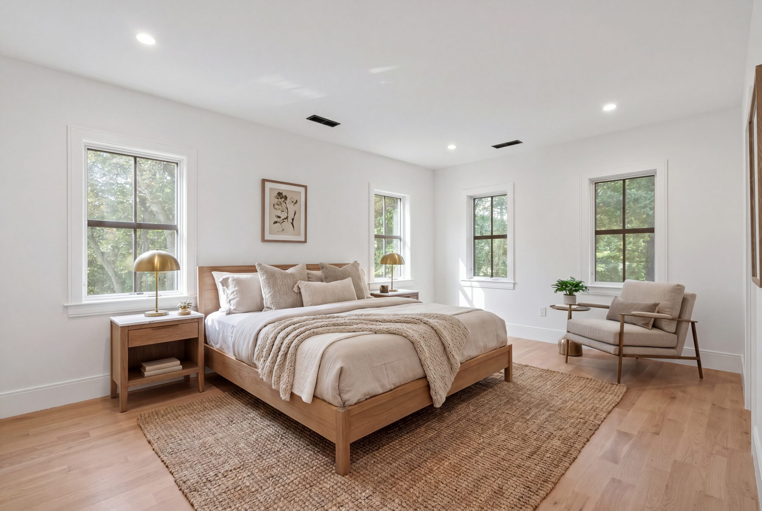 365 Worcester St - Bedroom Bright bedroom with wood bed frame, neutral bedding, side tables, and multiple windows with greenery views