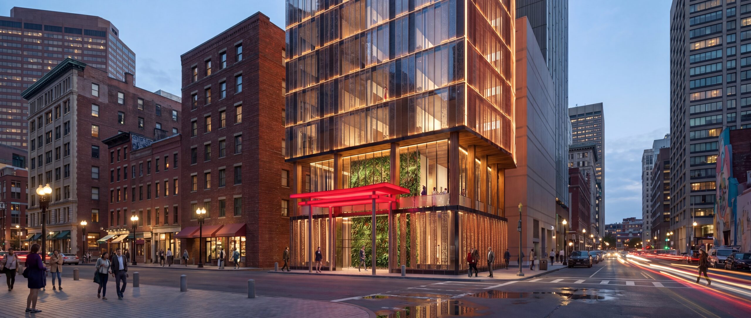 126-room conceptual hotel tower in Boston’s Chinatown featuring a striking illuminated glass façade, dramatic architectural crown, and vibrant street-level lobby designed to activate the urban streetscape. The design blends contemporary hospitality architecture with subtle cultural references, creating a bold new landmark within the city skyline.<br />
