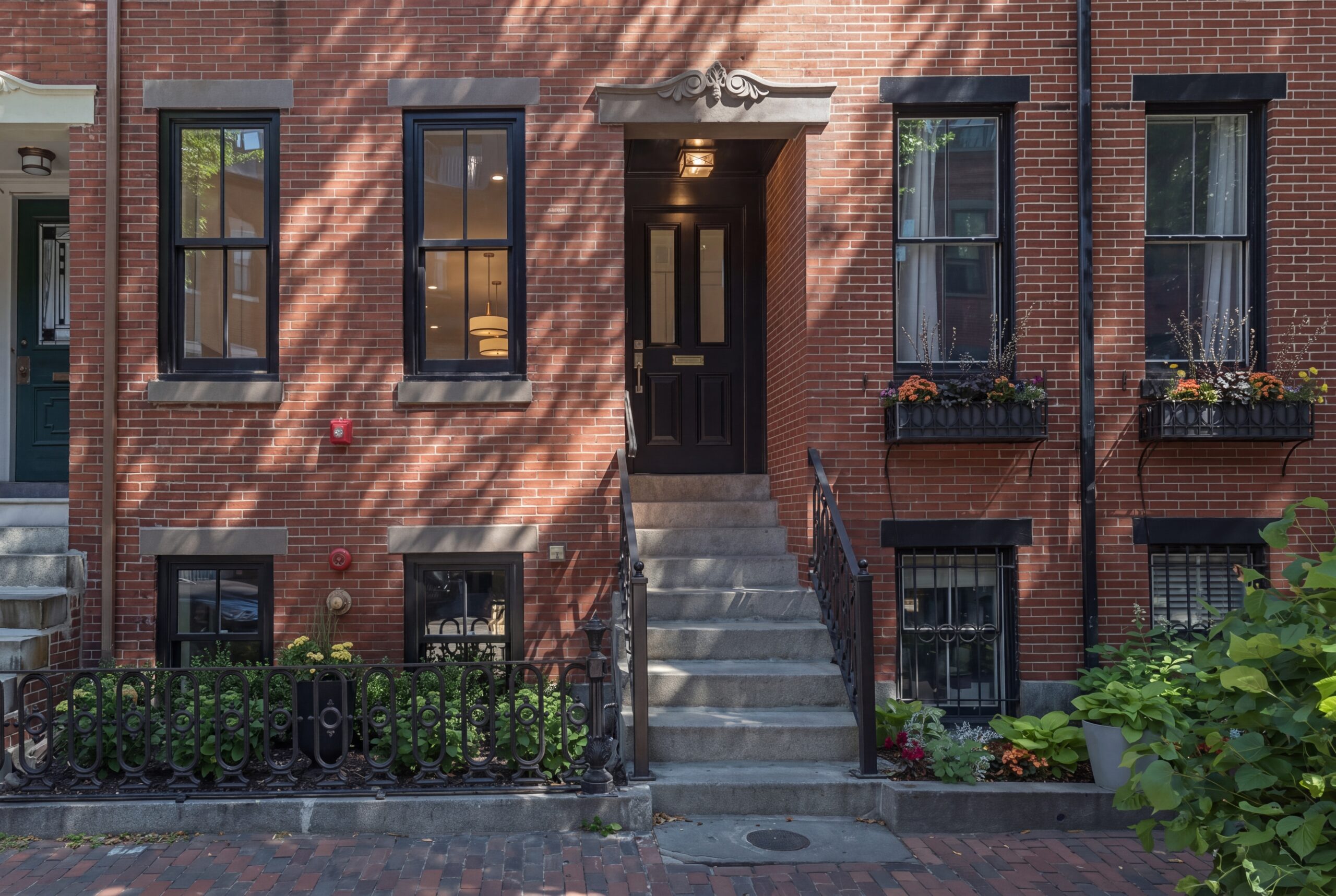 Historic Boston row house façade featuring restored red brick masonry, black trim windows, ornamental entry detailing, and a traditional stoop framed by wrought iron railings and landscaped window boxes. Soft daylight and tree shadows create a warm residential streetscape characteristic of Boston’s historic neighborhoods.<br />
