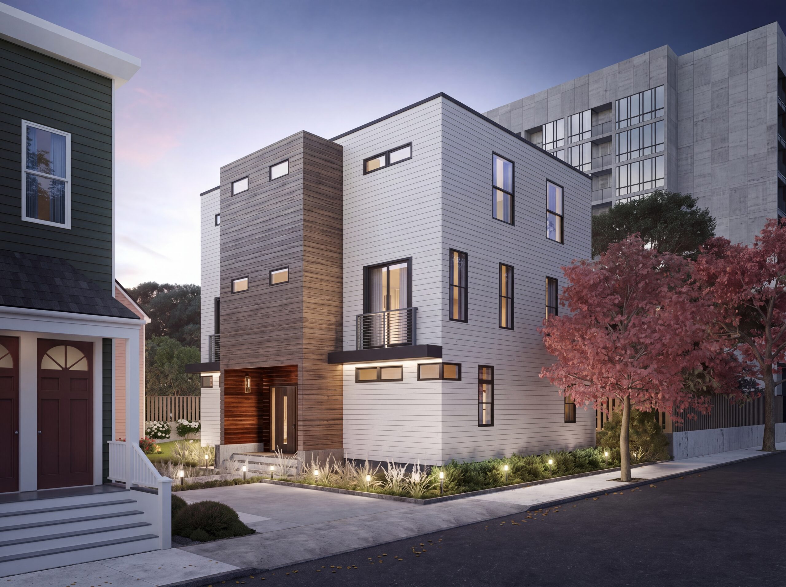 Modern Cambridge multifamily development rendering featuring contemporary siding, wood accent cladding, landscaped entry, and urban infill architecture.