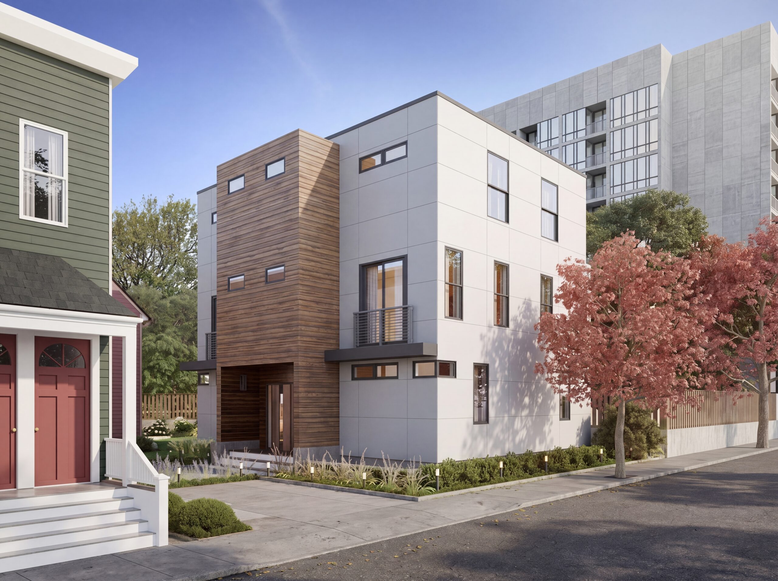 Modern Cambridge multifamily development rendering with contemporary white siding, wood cladding accents, landscaped streetscape, and urban infill architecture.<br />
