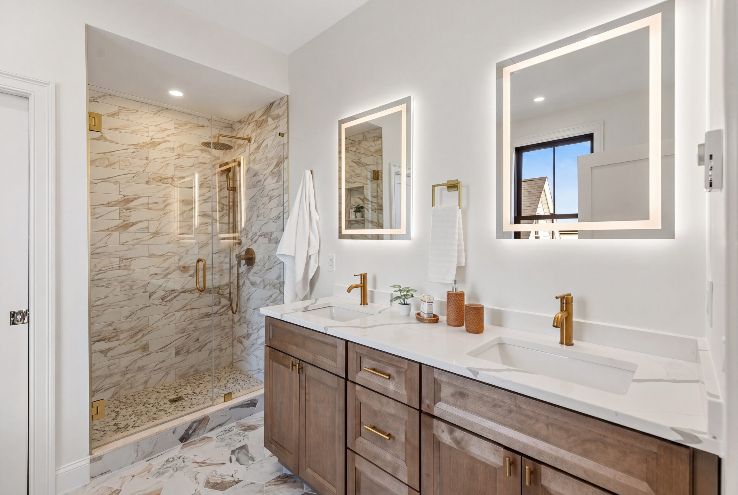 Contemporary primary bathroom in Boston multifamily residence with double vanity, marble shower, and brass fixtures<br />
