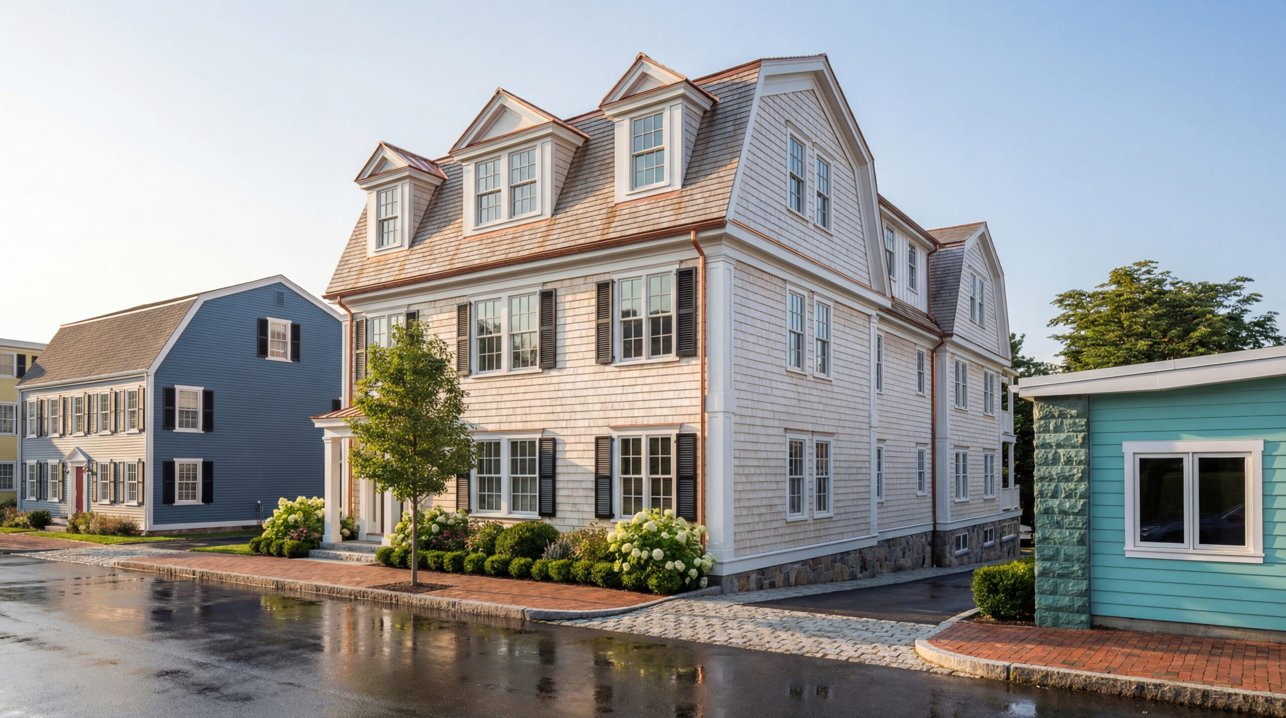 Coastal-inspired multifamily residence in Newburyport, Massachusetts, featuring cedar shingle siding, copper roof accents, black shutters, and elegant dormer windows that reference traditional New England architecture. The three-story residential building is framed by manicured landscaping, brick sidewalks, and neighboring historic homes, blending timeless coastal character with refined contemporary detailing in a walkable neighborhood setting.<br />
