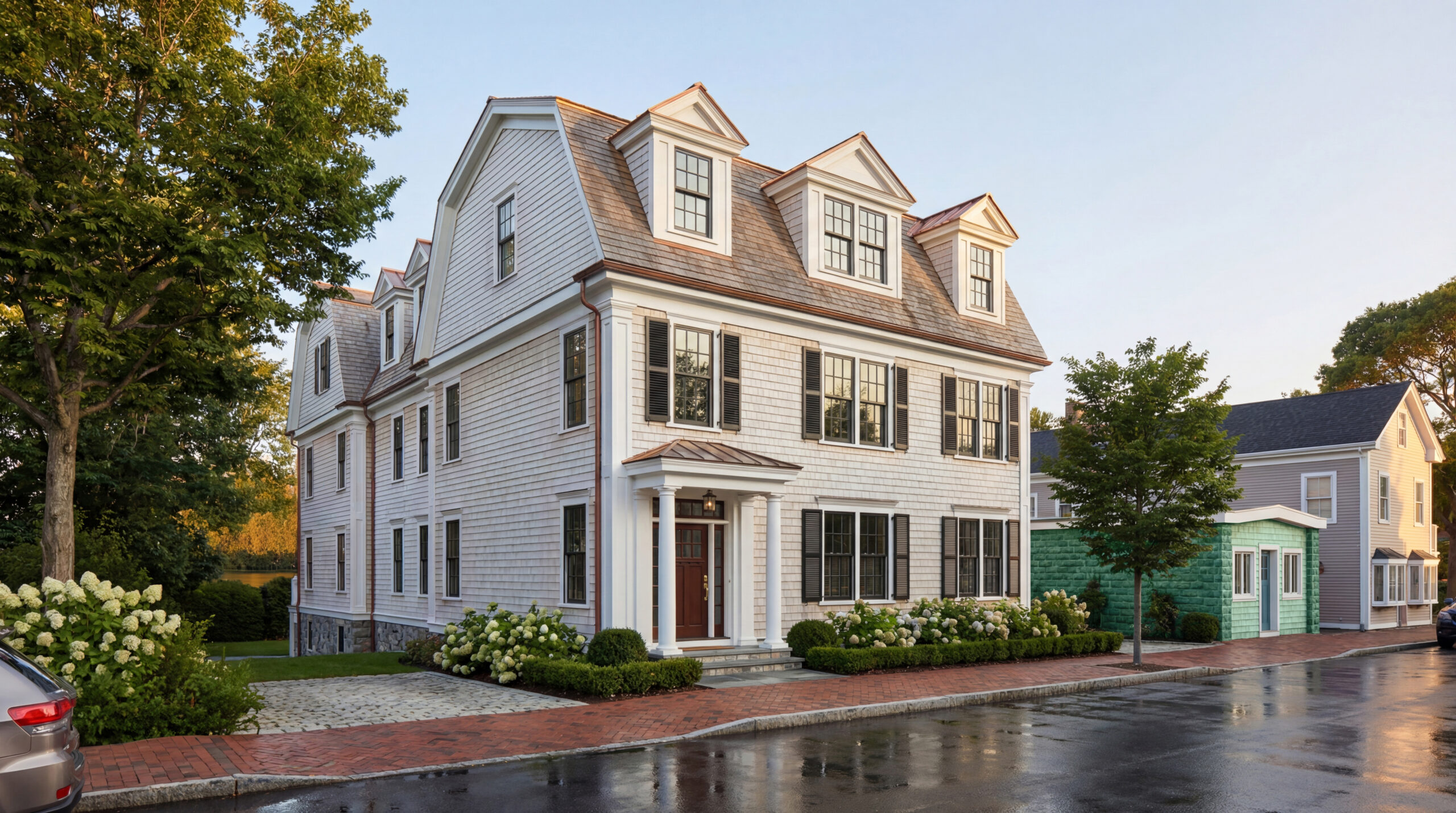 Large coastal-inspired residence featuring traditional New England architecture with cedar shingle siding, copper roofing accents, black shutters, and a symmetrical multi-story façade with dormer windows. The home is framed by manicured landscaping, brick sidewalks, and mature trees, blending timeless residential character with refined contemporary detailing in a quiet neighborhood setting.
