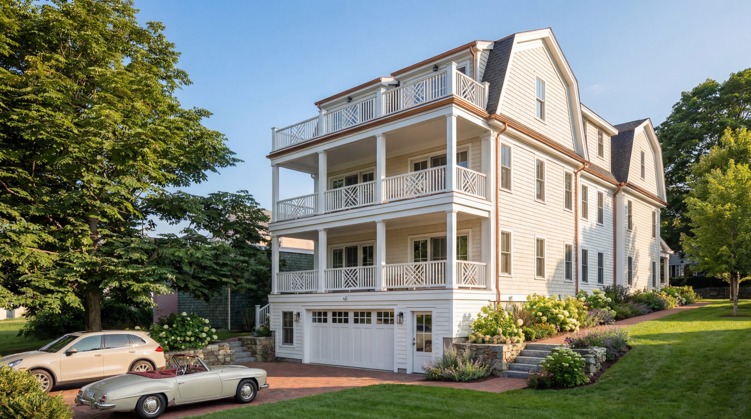 Rear elevation of a coastal-inspired multifamily residence in Newburyport, Massachusetts, featuring stacked covered porches, rooftop terrace, cedar shingle siding, and refined New England architectural detailing. Copper gutters, white trim, manicured landscaping, and integrated garage access create a timeless residential composition that blends luxury coastal living with traditional neighborhood character.<br />
