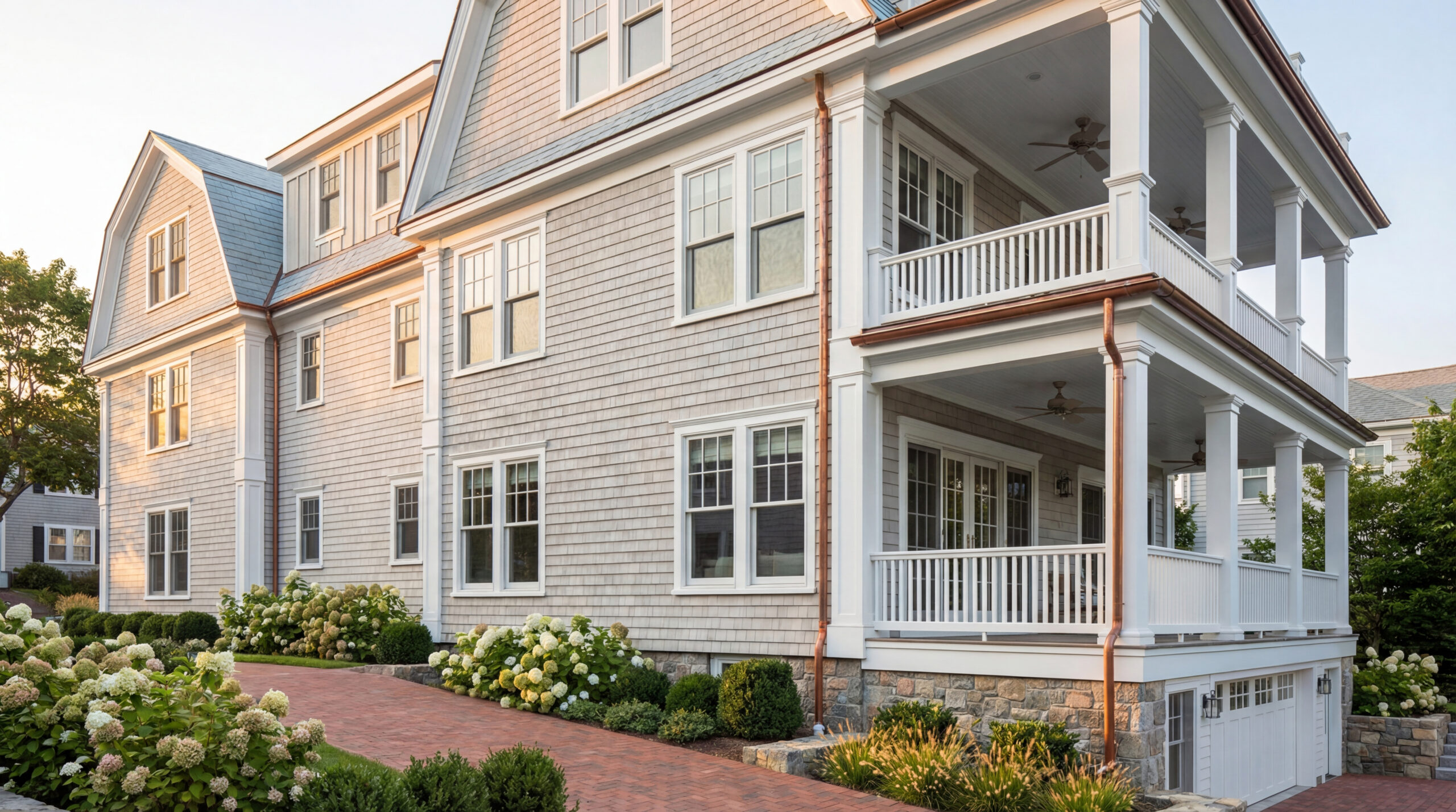Rear façade of a coastal-inspired multifamily residence in Newburyport, Massachusetts, featuring cedar shingle siding, stacked covered porches, copper gutters, and traditional New England architectural detailing. Manicured landscaping, brick walkways, and warm natural light highlight the home’s refined residential character while blending timeless coastal aesthetics with contemporary luxury living.<br />
