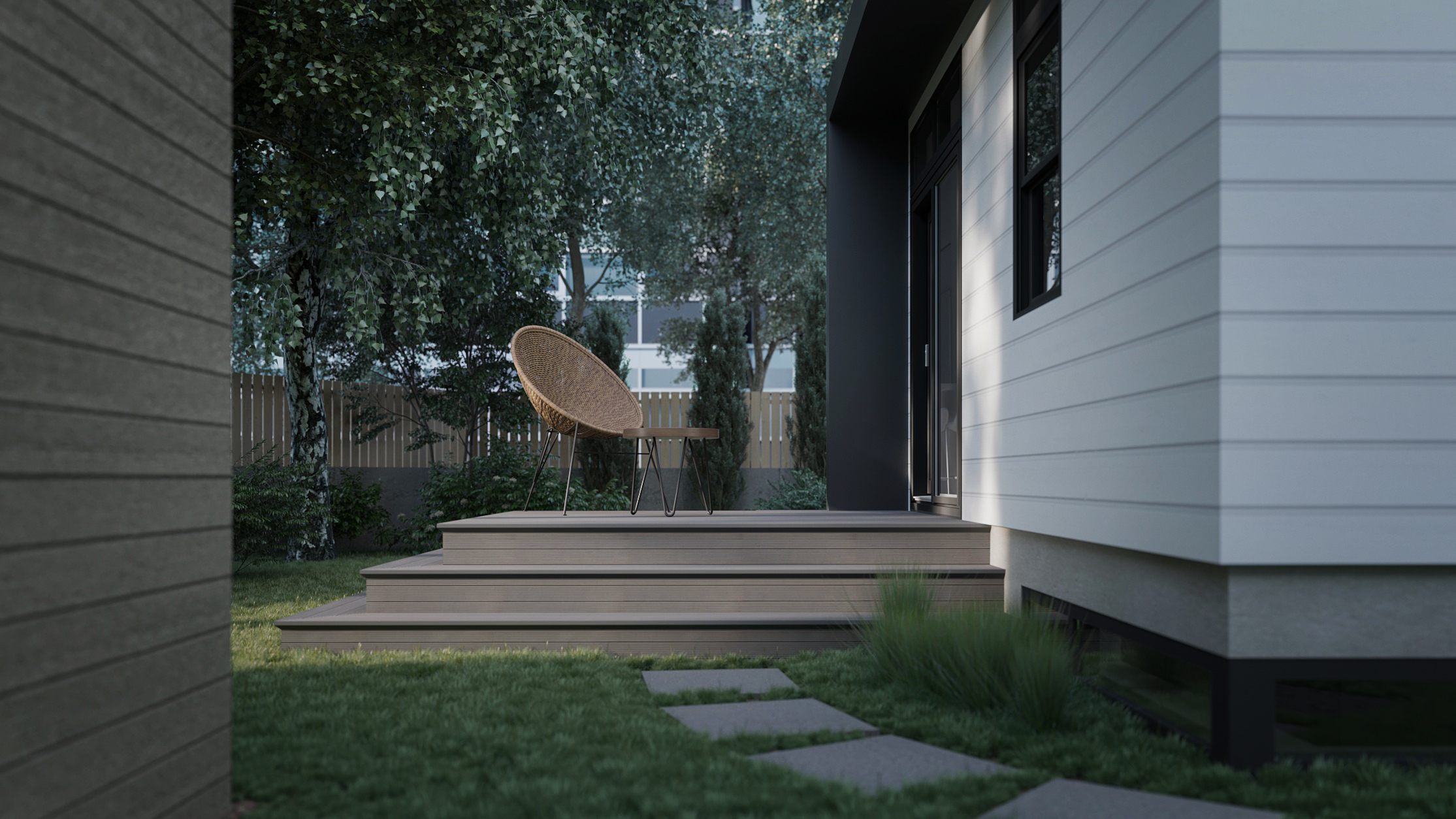Modern Cambridge multifamily outdoor living space with private deck, contemporary siding, landscaped backyard, and urban residential design.<br />
