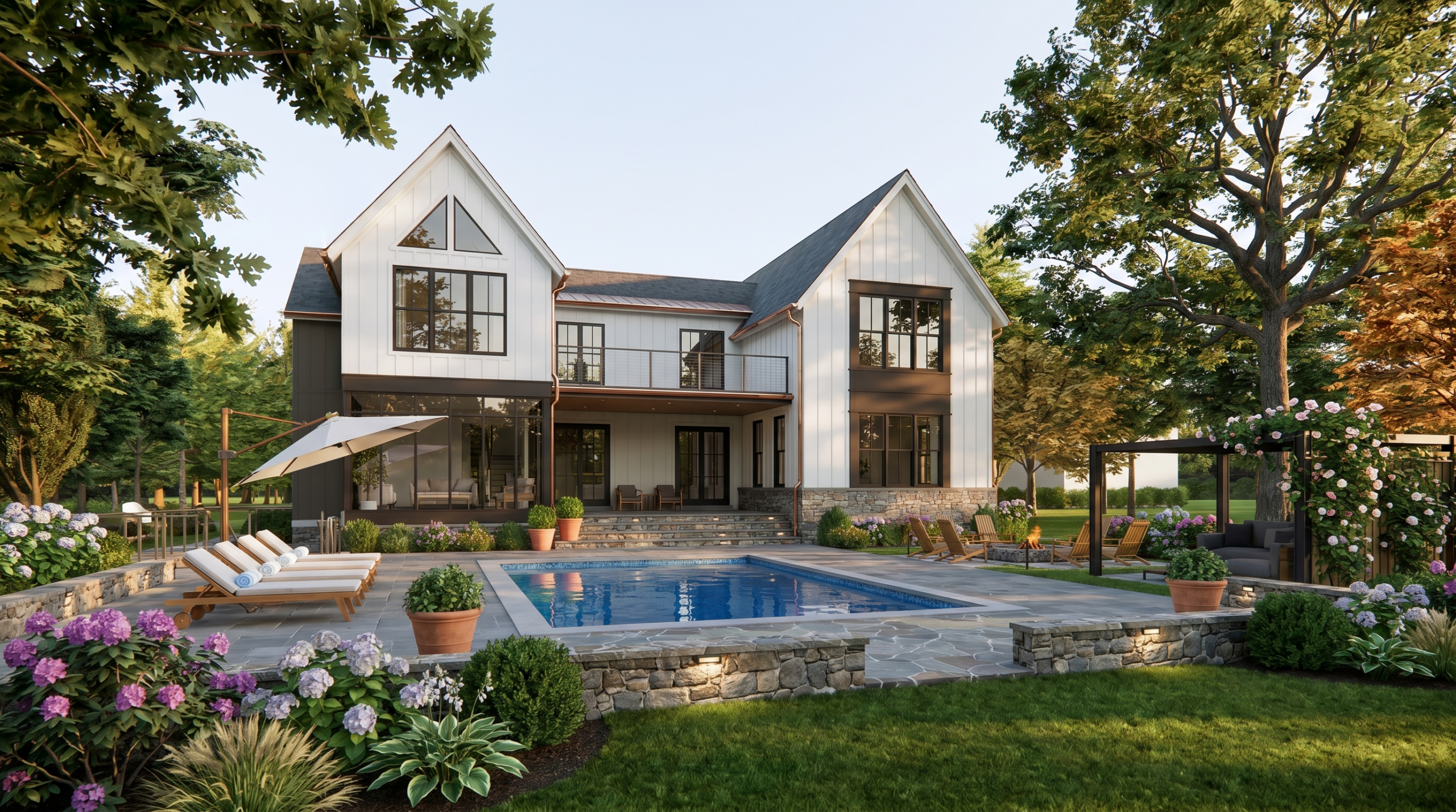 Luxury single-family residence featuring modern farmhouse architecture, resort-style pool, outdoor entertaining terrace, covered patio, second-floor balcony, and professionally landscaped grounds on a private estate.