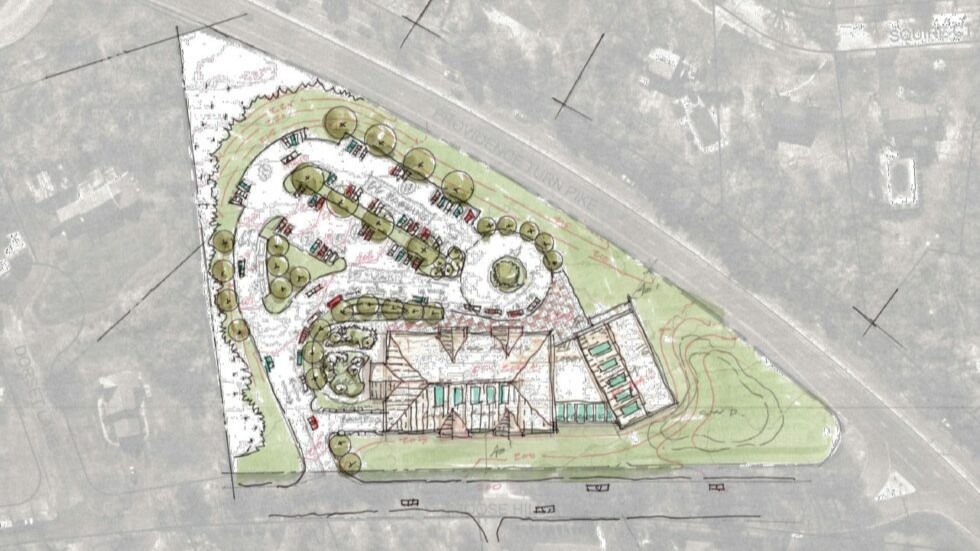 Conceptual site plan showing a triangular parcel with a proposed building, landscaped circulation paths, tree plantings, and parking areas integrated within the surrounding streets.