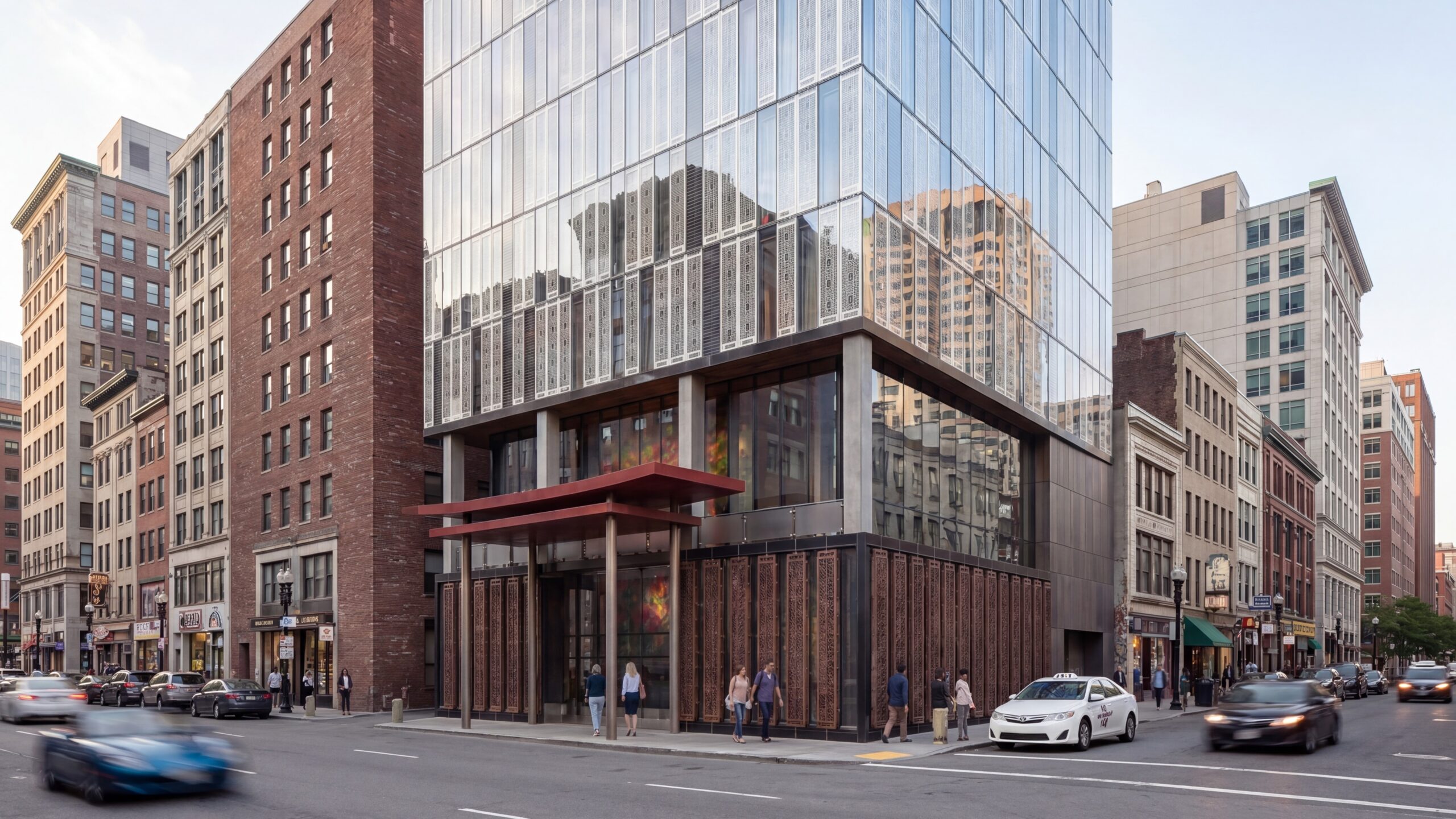 Contemporary conceptual hotel tower in Boston’s Chinatown featuring a sleek reflective glass façade, patterned metal screening, and a vibrant street-level arrival canopy designed to activate the surrounding urban streetscape. The design blends modern hospitality architecture with subtle cultural detailing to create a refined new landmark within downtown Boston.