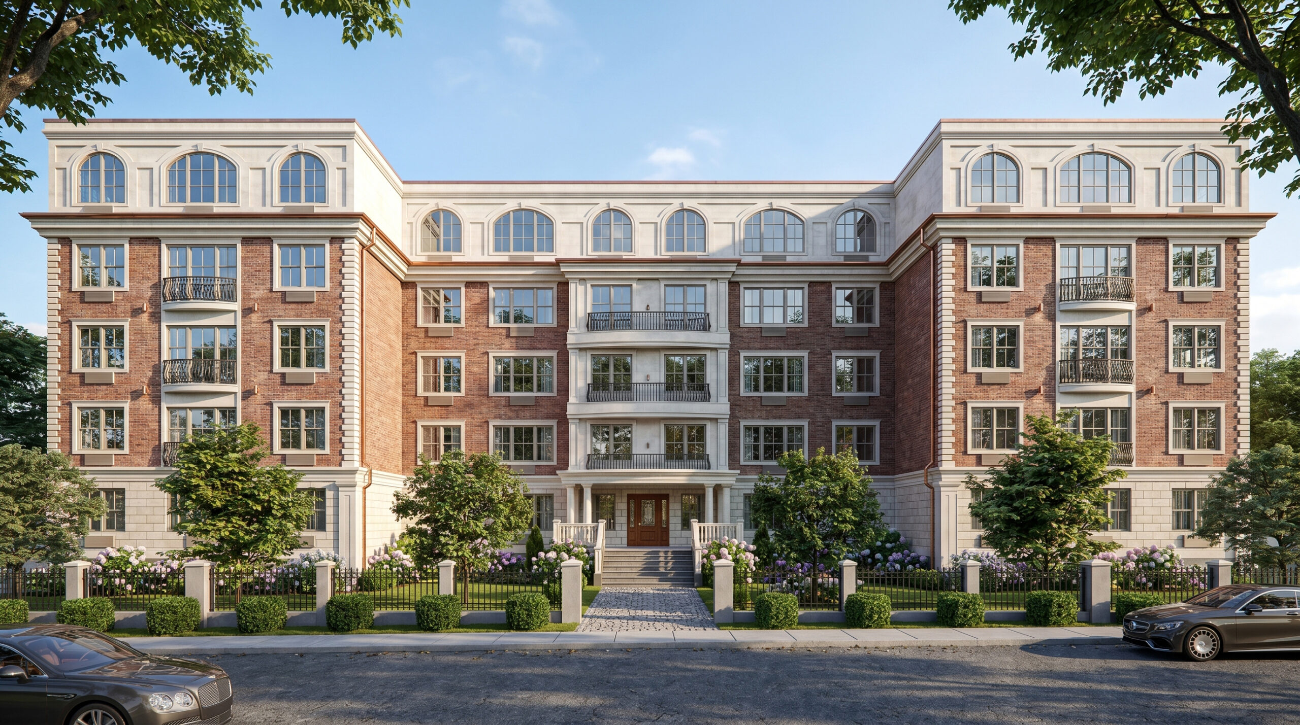 Luxury multifamily residential building rendering featuring classic brick and limestone architecture, arched top-floor windows, balconies, landscaped front entry, and upscale apartment residences in an urban neighborhood.