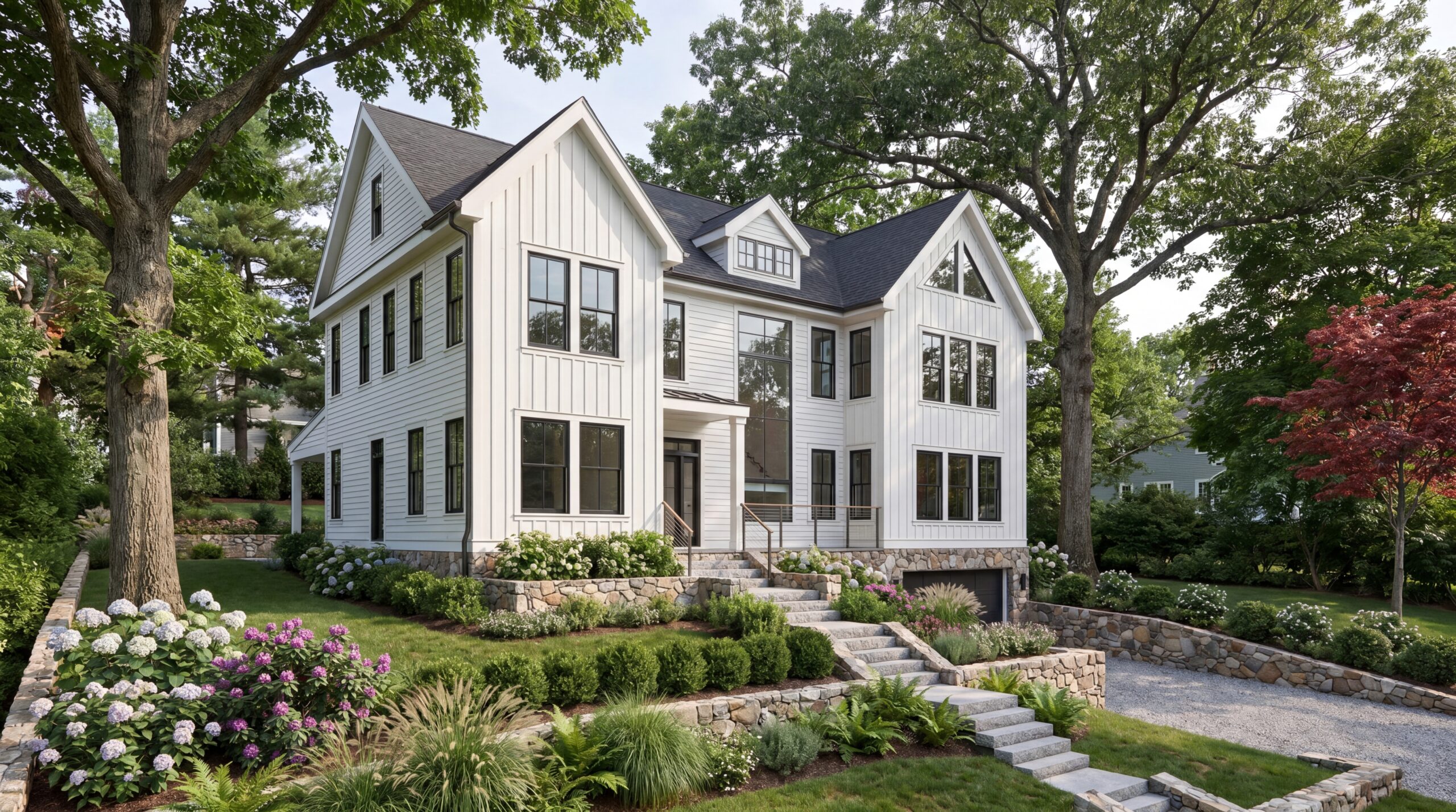 Custom single-family residence featuring modern farmhouse architecture, white board-and-batten siding, expansive windows, landscaped stone terraces, mature trees, and luxury residential design.
