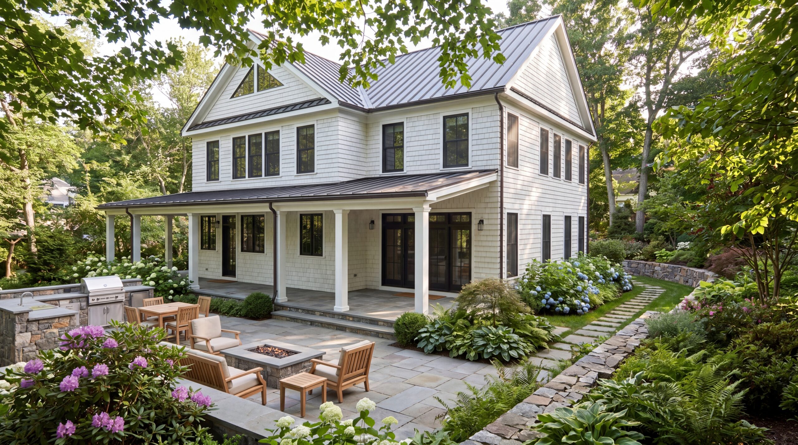 Luxury single-family residence featuring modern New England architecture, covered outdoor living space, custom stone patio, outdoor kitchen, fire pit, and professionally landscaped backyard retreat.