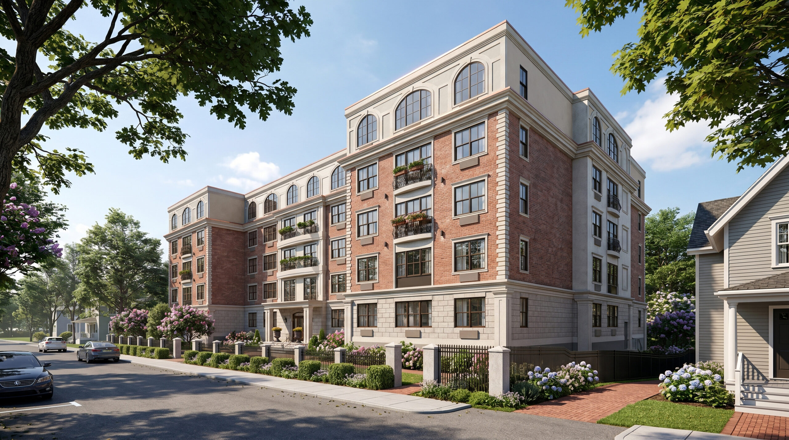**Luxury multifamily residential building featuring classic brick and limestone architecture, landscaped streetscape, private balconies, arched upper-floor windows, and upscale apartment residences in a walkable neighborhood setting.<br />
