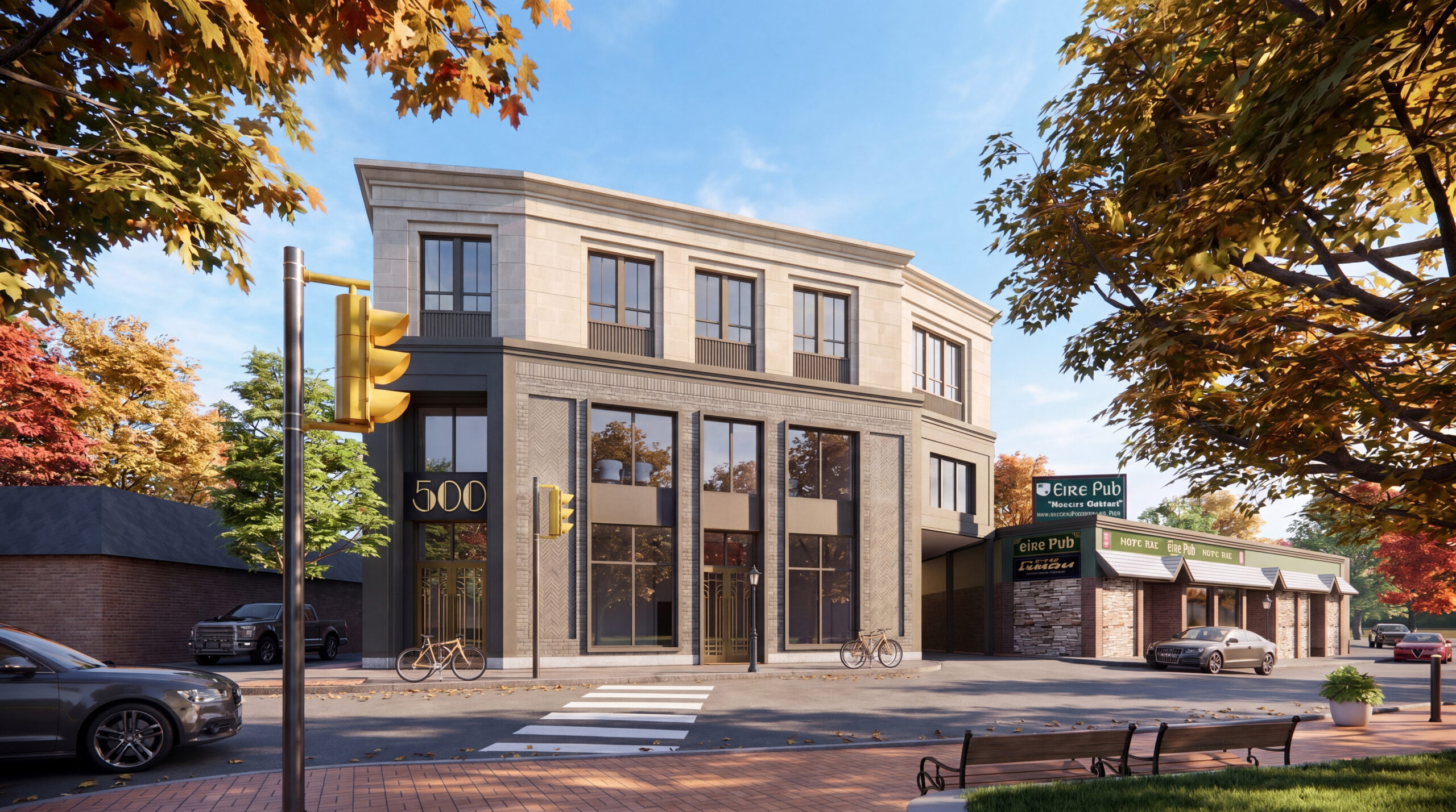 Contemporary mixed-use development featuring ground-floor retail, upper-level residential units, large storefront windows, pedestrian-oriented streetscape, and modern urban infill architecture in a walkable downtown setting.<br />
