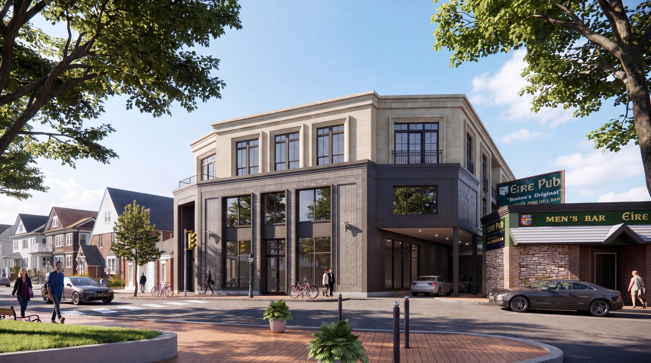 Contemporary mixed-use development featuring ground-floor retail, upper-level residential units, covered parking access, large storefront windows, and pedestrian-oriented urban design in a vibrant neighborhood setting.