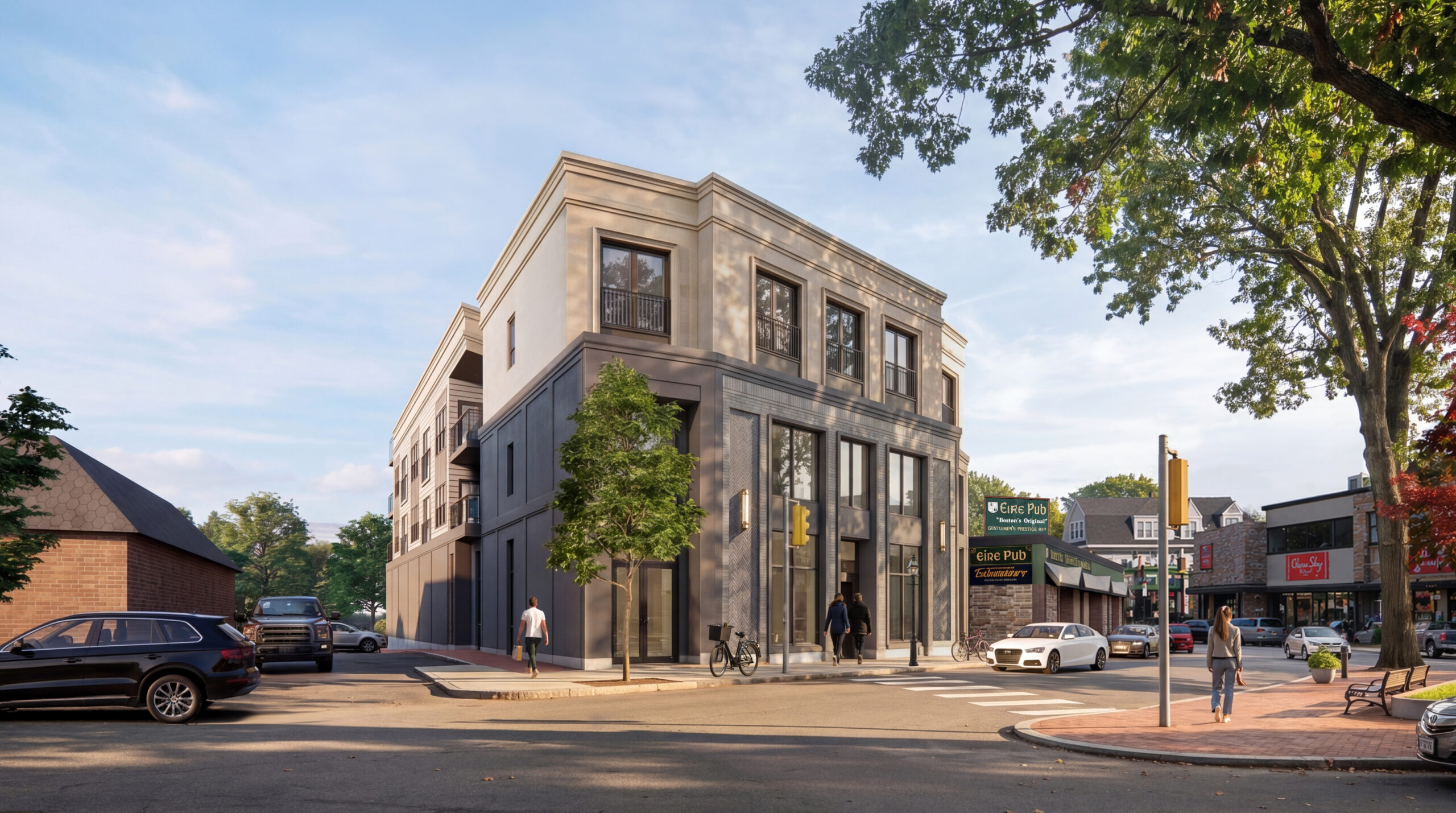 Street-corner view of a contemporary mixed-use development featuring ground-floor retail, upper-level residential units, large windows, pedestrian-friendly design, and modern urban architecture in a walkable downtown district.