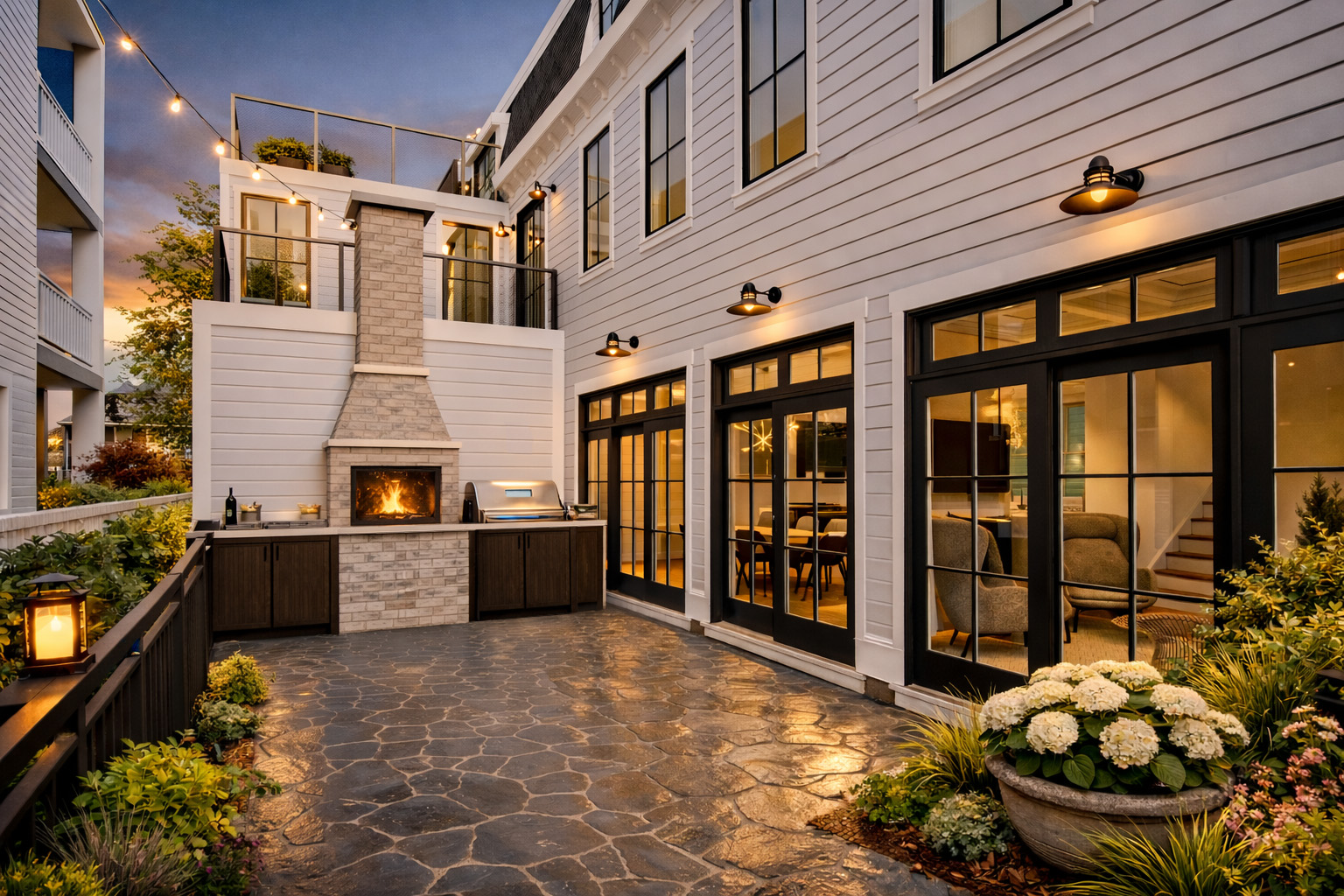 Architectural rendering of a stone patio with an outdoor fireplace, built-in grill, string lights, and black-framed glass doors opening into a white clapboard home at dusk.