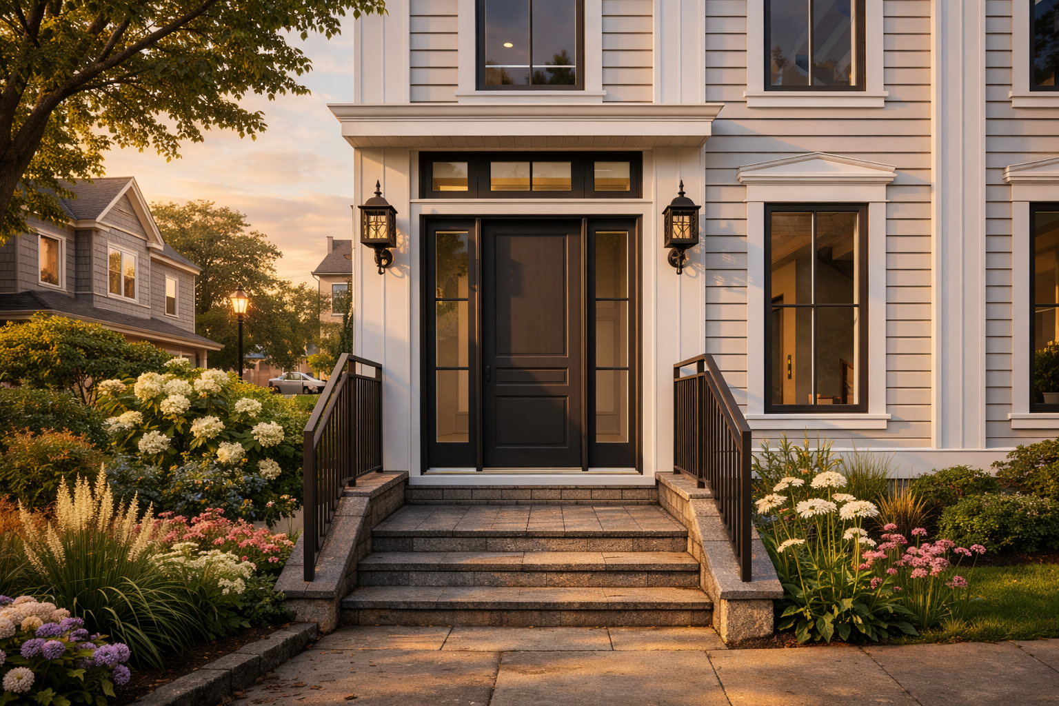 Architectural rendering of a white clapboard home’s entrance with a black front door, sidelights, lantern sconces, and stone steps bordered by flowering gardens.
