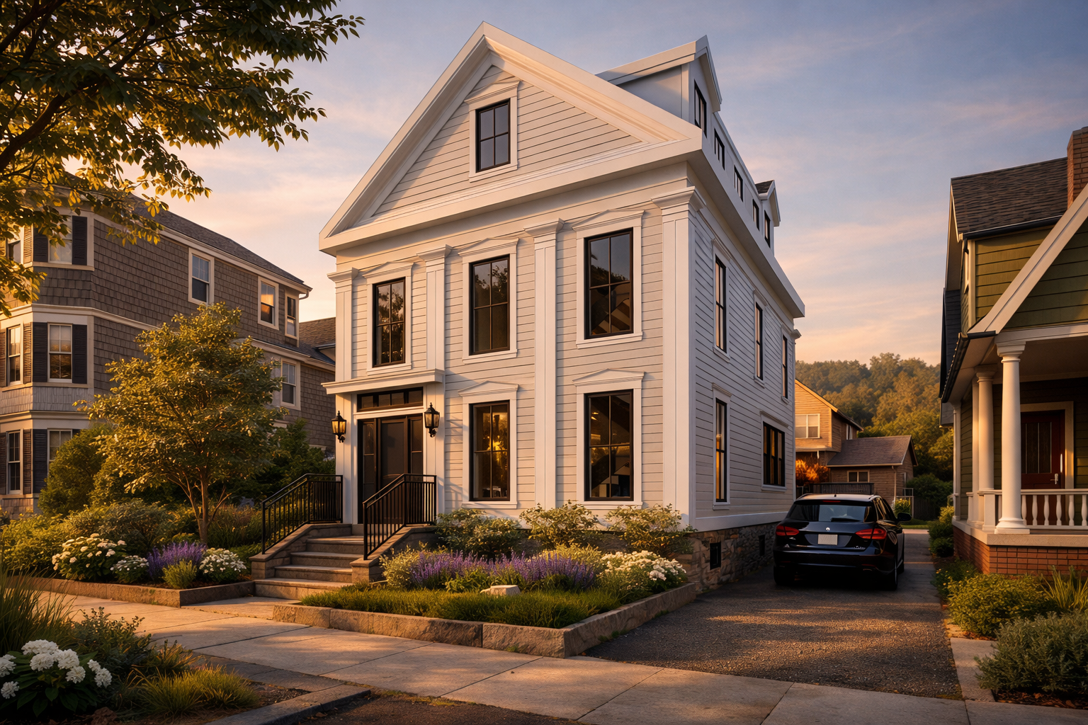 Architectural rendering of a white clapboard house with a gabled roof, black-framed windows, landscaped front garden, and side driveway at sunset.