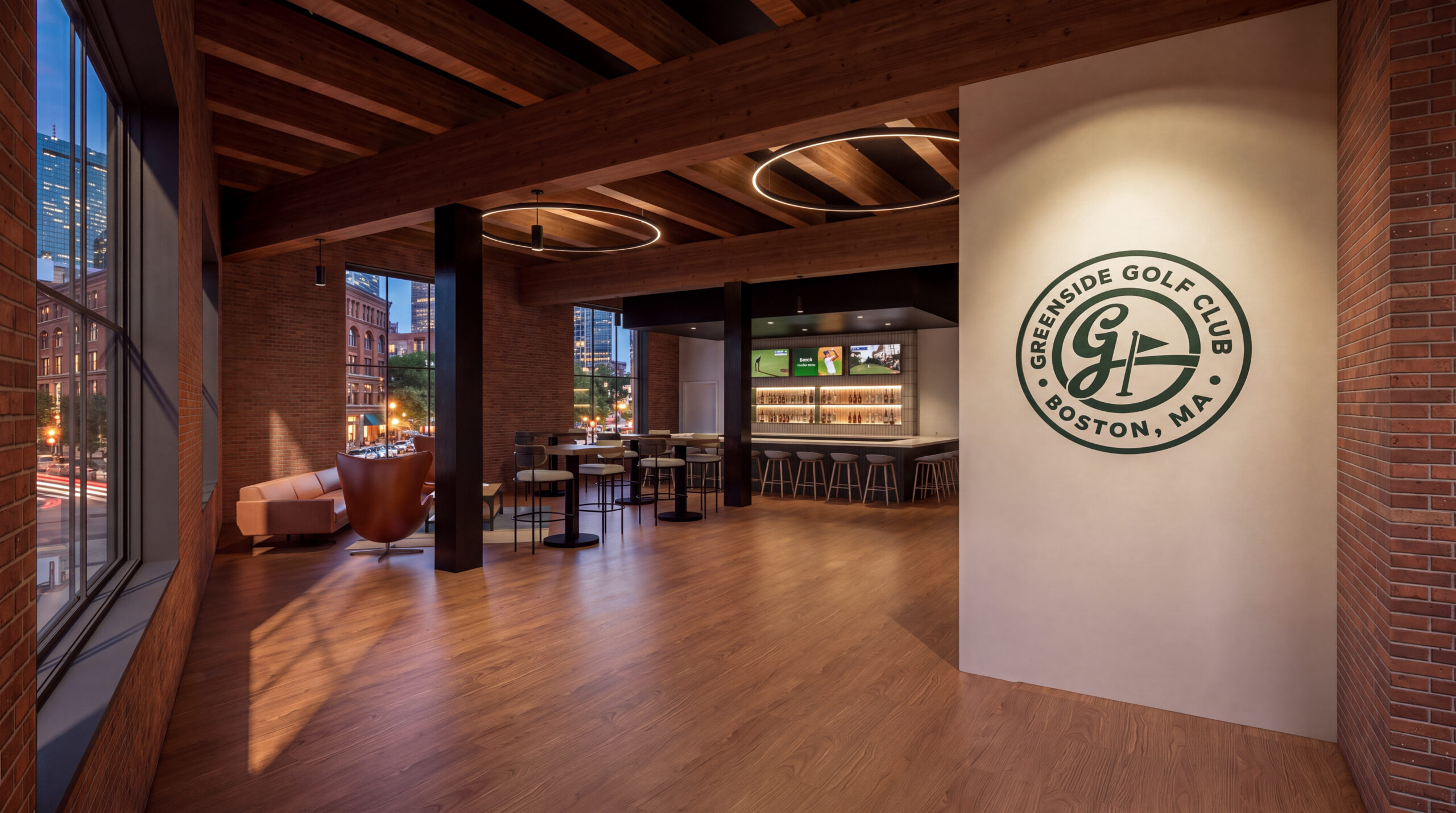 Interior rendering of Greenside Golf Club in Boston, featuring exposed brick, timber beams, circular pendant lights, lounge seating, and an illuminated bar.