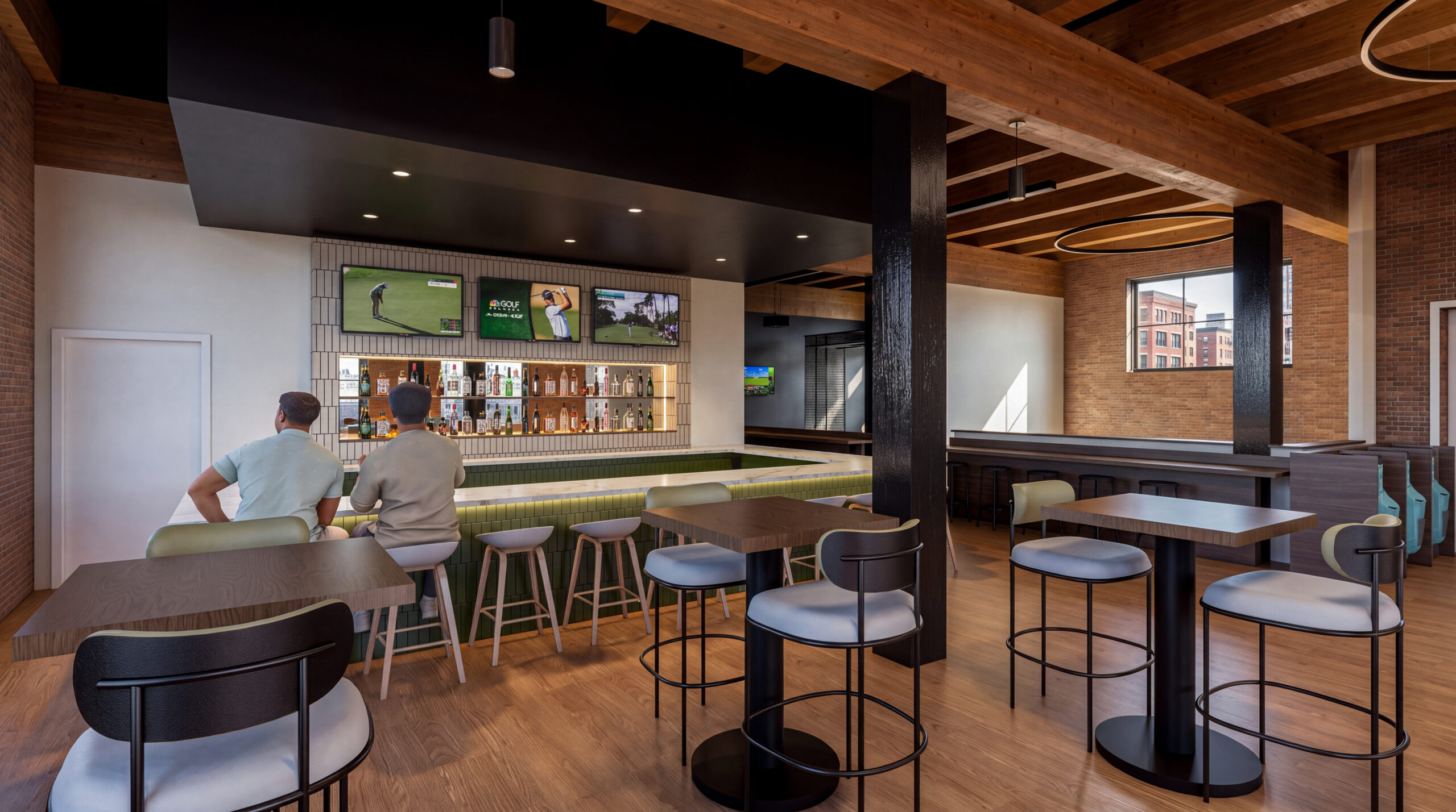 Interior rendering of Greenside Golf Club’s bar and lounge with green tile, illuminated bottle shelving, televisions, and high-top seating beneath exposed timber beams.