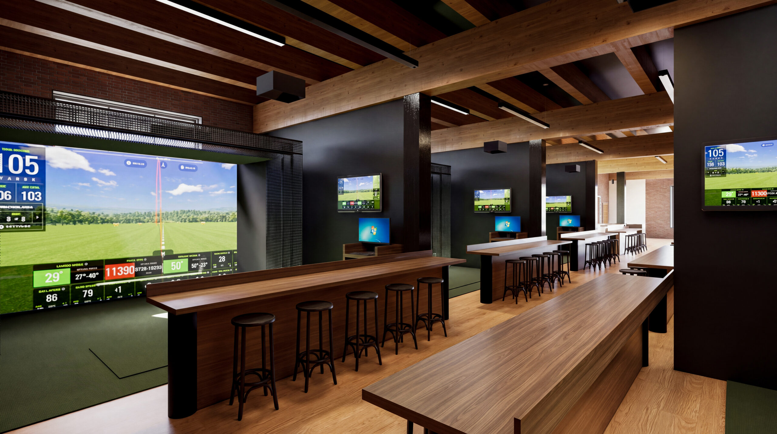 Interior rendering of Greenside Golf Club’s simulator bays with large projection screens, wood counters, bar stools, and exposed timber beams with linear pendant lighting.