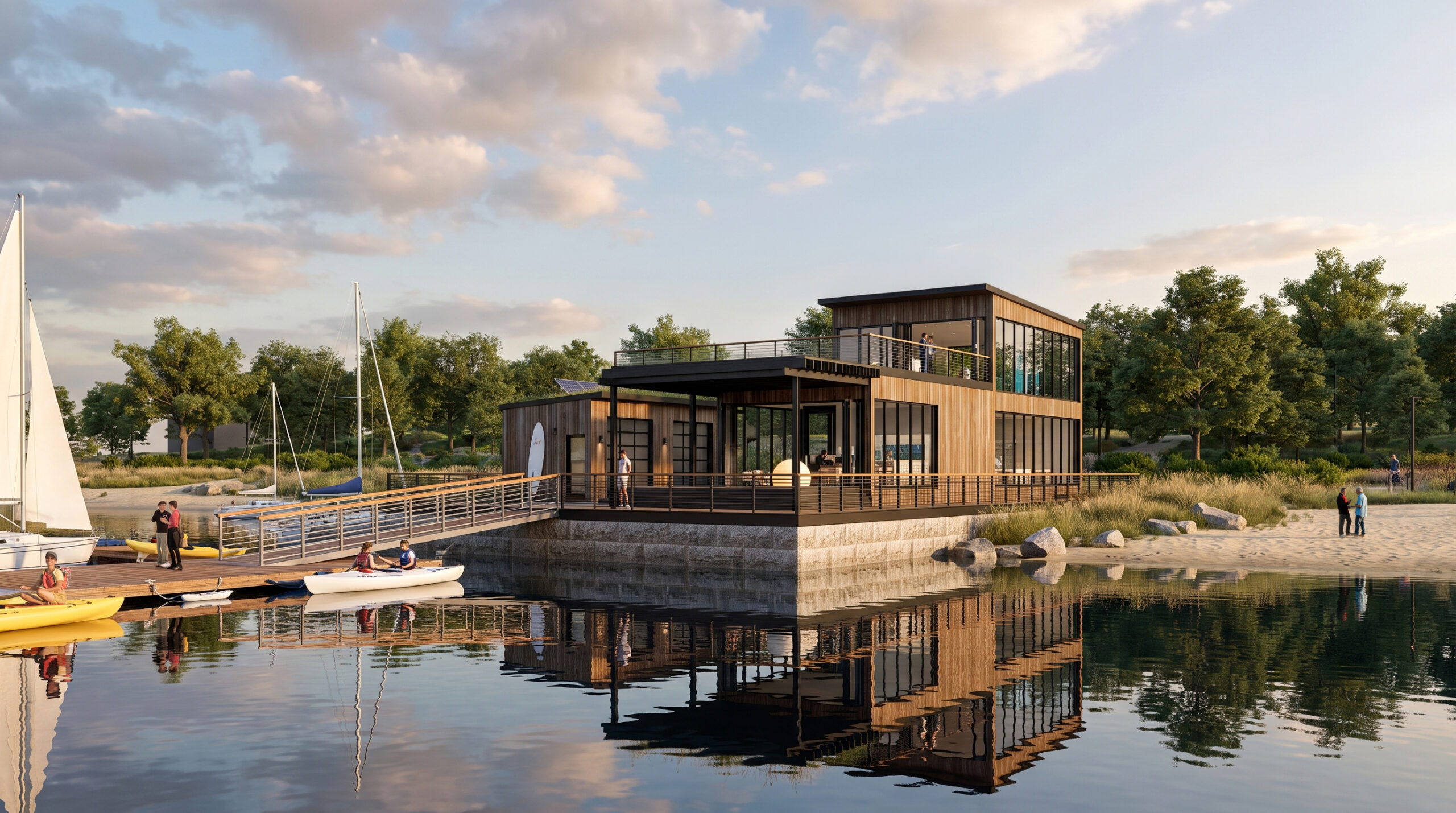 Architectural rendering of a modern wood-clad waterfront boathouse with large windows, a rooftop terrace, and a dock with sailboats and kayaks at sunset.