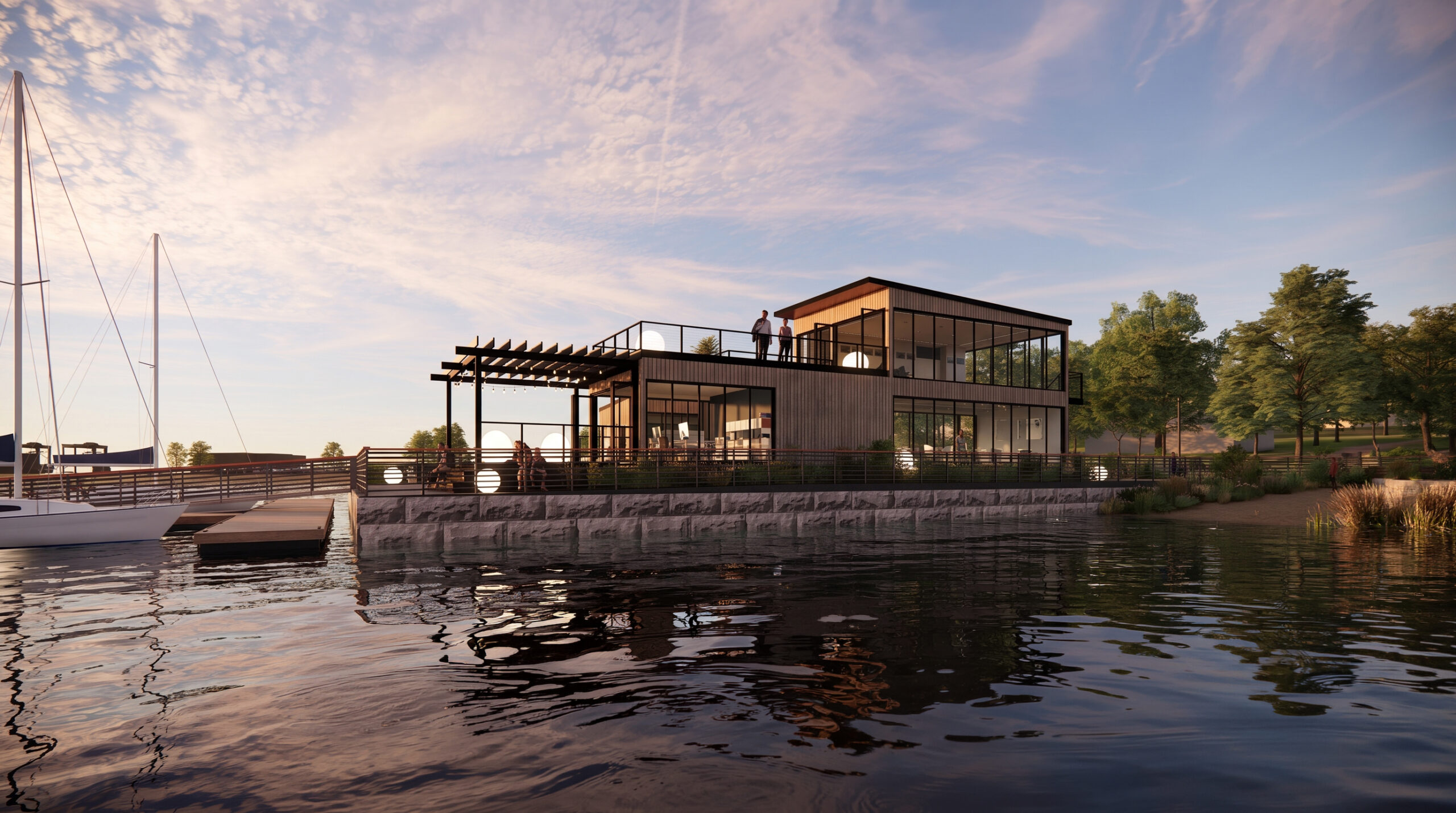 Architectural rendering of a two-story waterfront building with large windows, a rooftop terrace, and a pergola-covered deck beside a sailboat dock at dusk.