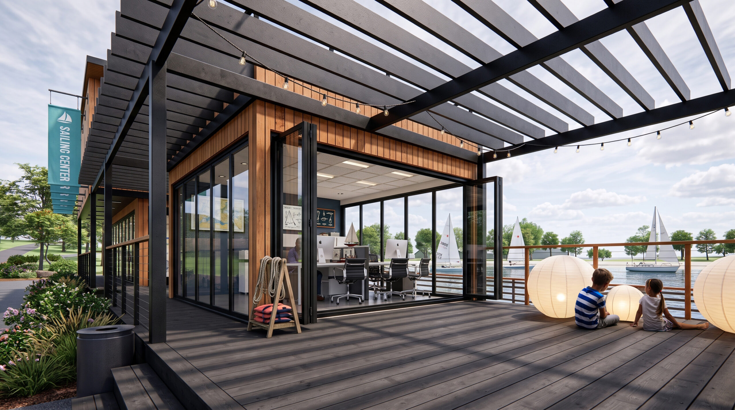 Architectural rendering of a waterfront sailing center with open glass doors, a computer classroom, and a pergola-covered deck where two children sit overlooking sailboats.
