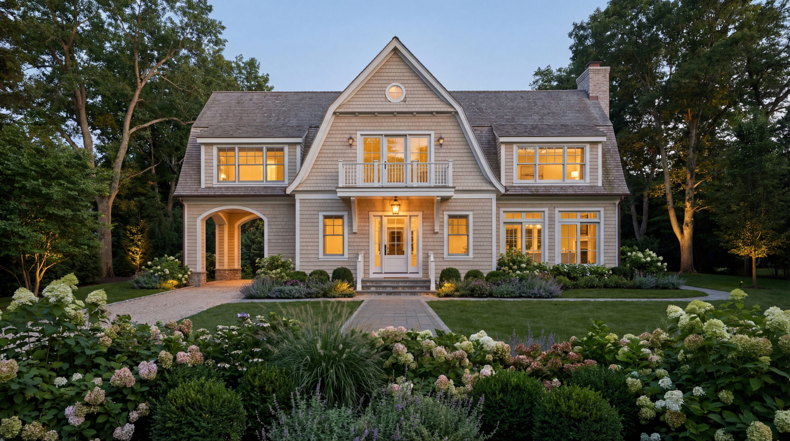Cape Cod home at dusk with gray shingle siding, white trim, a gambrel roof, and a central balcony above the front entrance. Warmly lit windows overlook a landscaped garden with hydrangeas, a stone walkway, and mature trees.