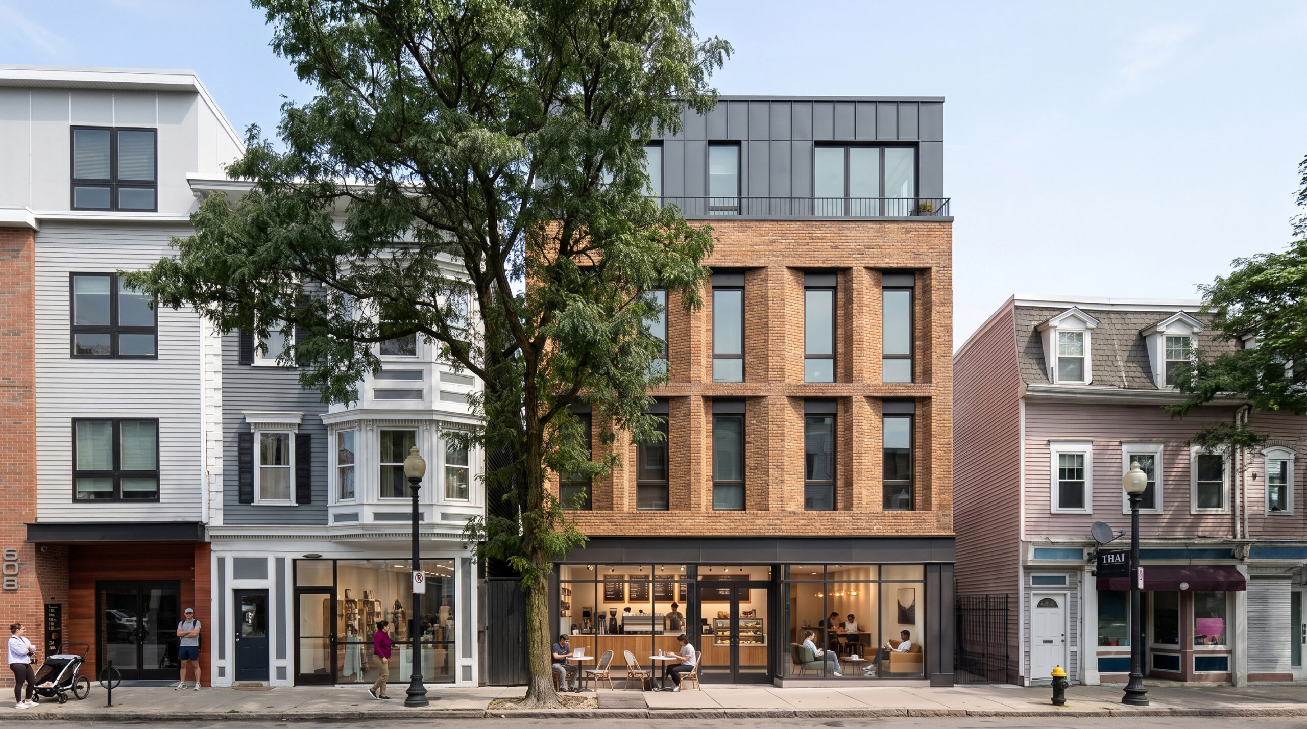 Street view of a contemporary brick building with tall recessed windows, a gray metal-clad upper floor, and a glass-front café at ground level. A mature tree shades the sidewalk, where people walk and sit outside, with traditional neighborhood buildings on either side.